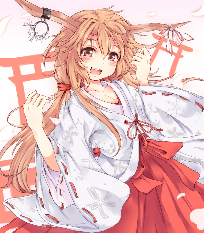 nejime, ibuki suika, touhou, bad id, bad pixiv id, 1girl, blonde hair, brown eyes, female focus, horns, japanese clothes, long hair, miko, solo, torii