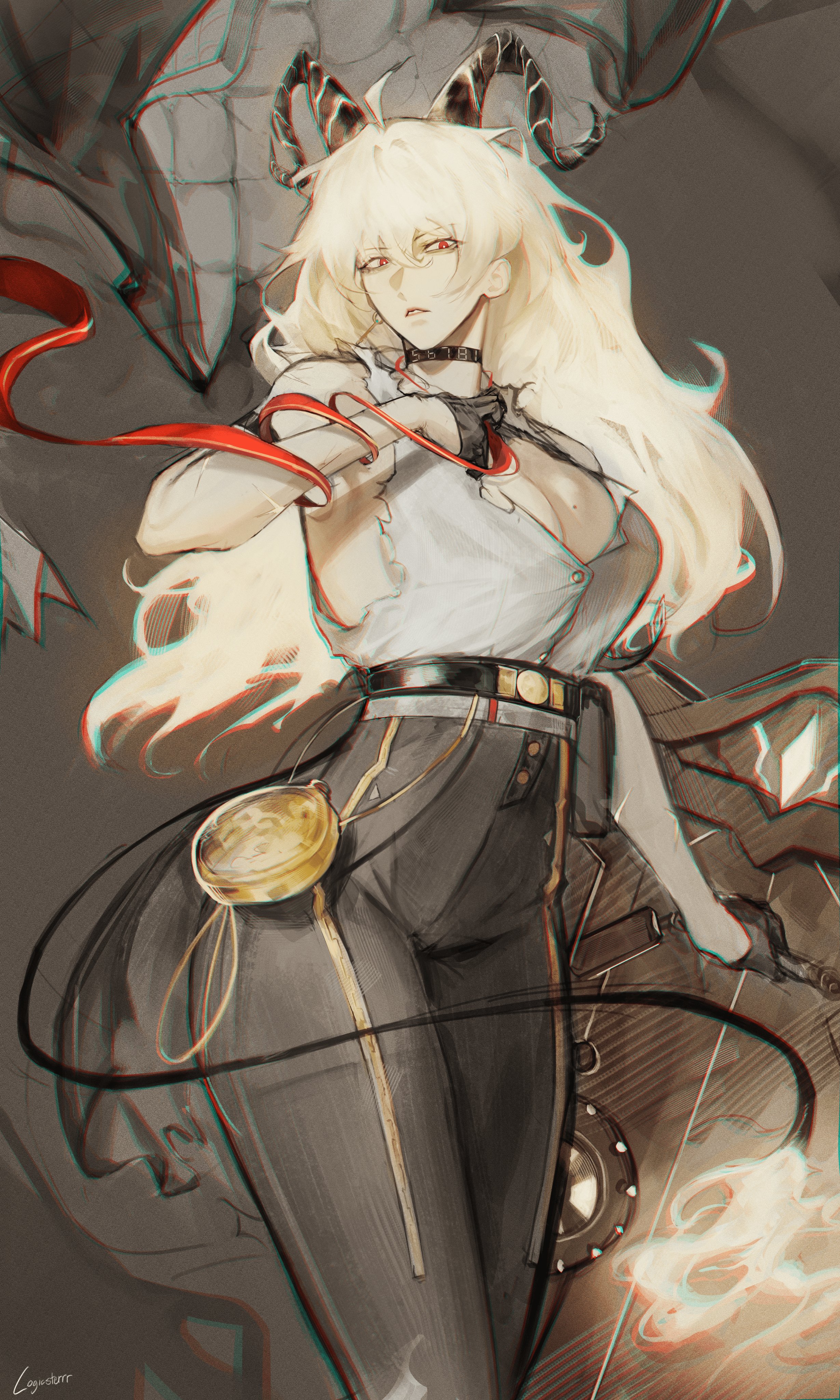 logicsterrr, zani (wuthering waves), wuthering waves, absurdres, highres, 1girl, ass, black gloves, breasts, chromatic aberration, cleavage, collar, feet out of frame, floating hair, gloves, hand on own chest, horns, long hair, looking at viewer, outstretched hand, red eyes, red ribbon, ribbon, serious, shirt, shirt tucked in, twisted torso, white hair, white shirt