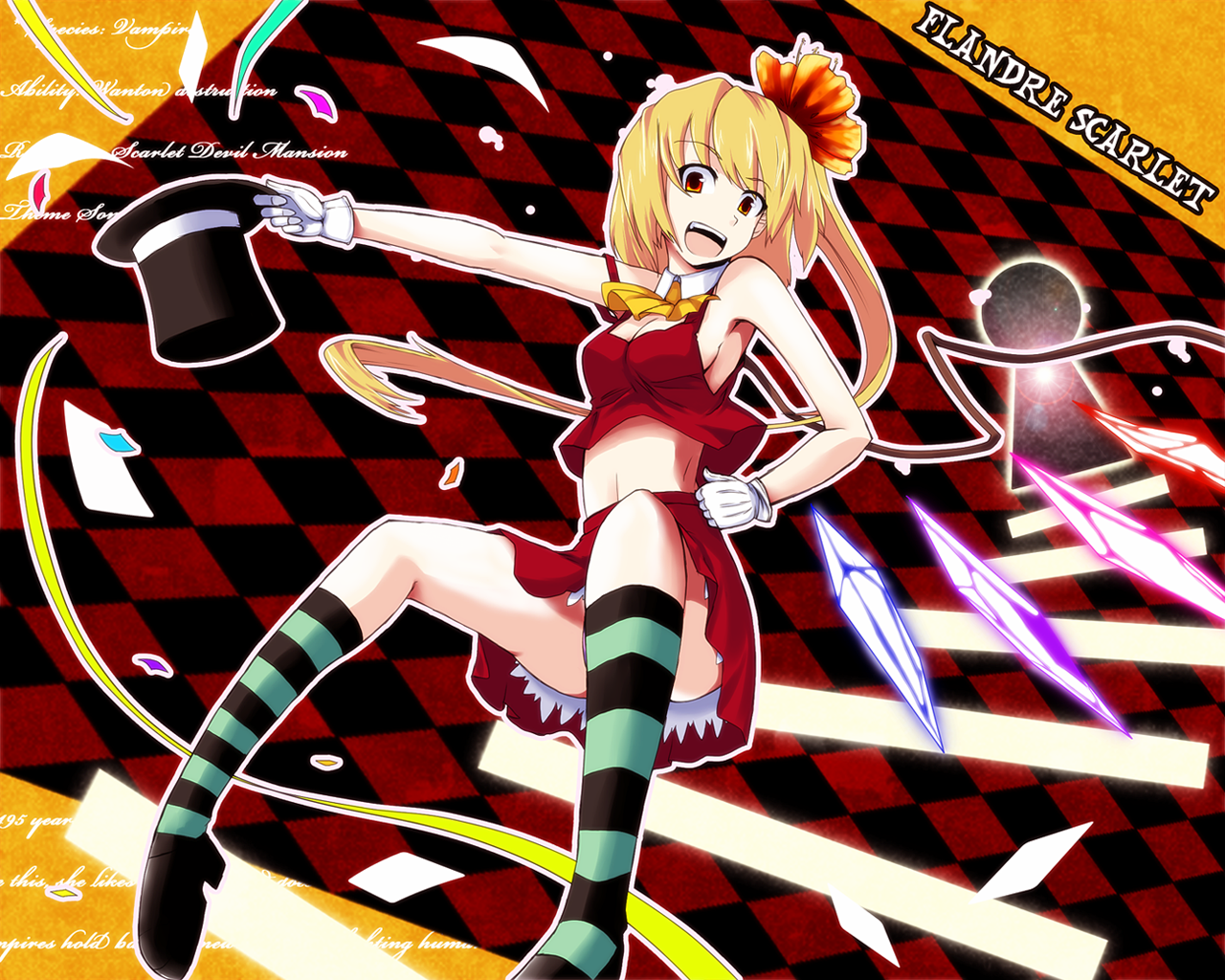 oyaji-sou, flandre scarlet, touhou, striped, bad id, bad pixiv id, 1girl, blonde hair, breasts, female focus, flower, hair flower, hair ornament, hat, hat tip, midriff, skirt, solo, top hat, wings, yellow eyes