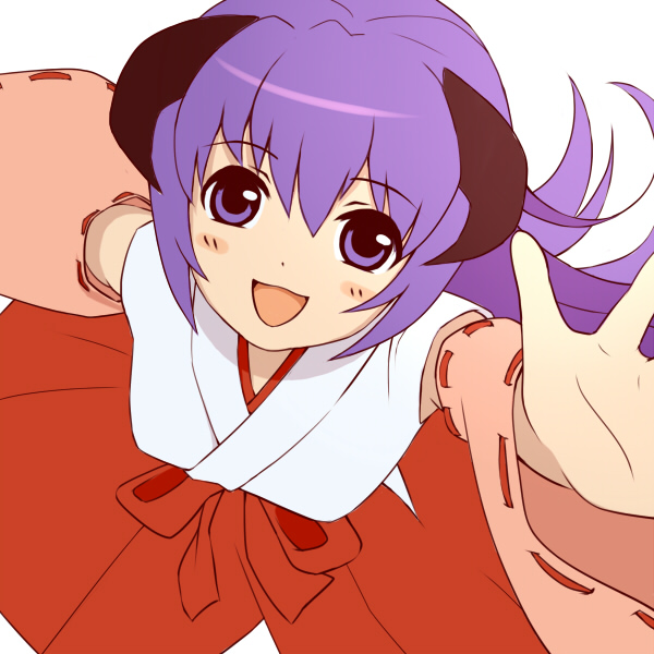 urue, hanyuu, higurashi no naku koro ni, bad id, bad pixiv id, 00s, 1girl, detached sleeves, female focus, foreshortening, from above, hakama, hakama skirt, horns, japanese clothes, long hair, miko, purple eyes, purple hair, red hakama, simple background, skirt, solo, white background