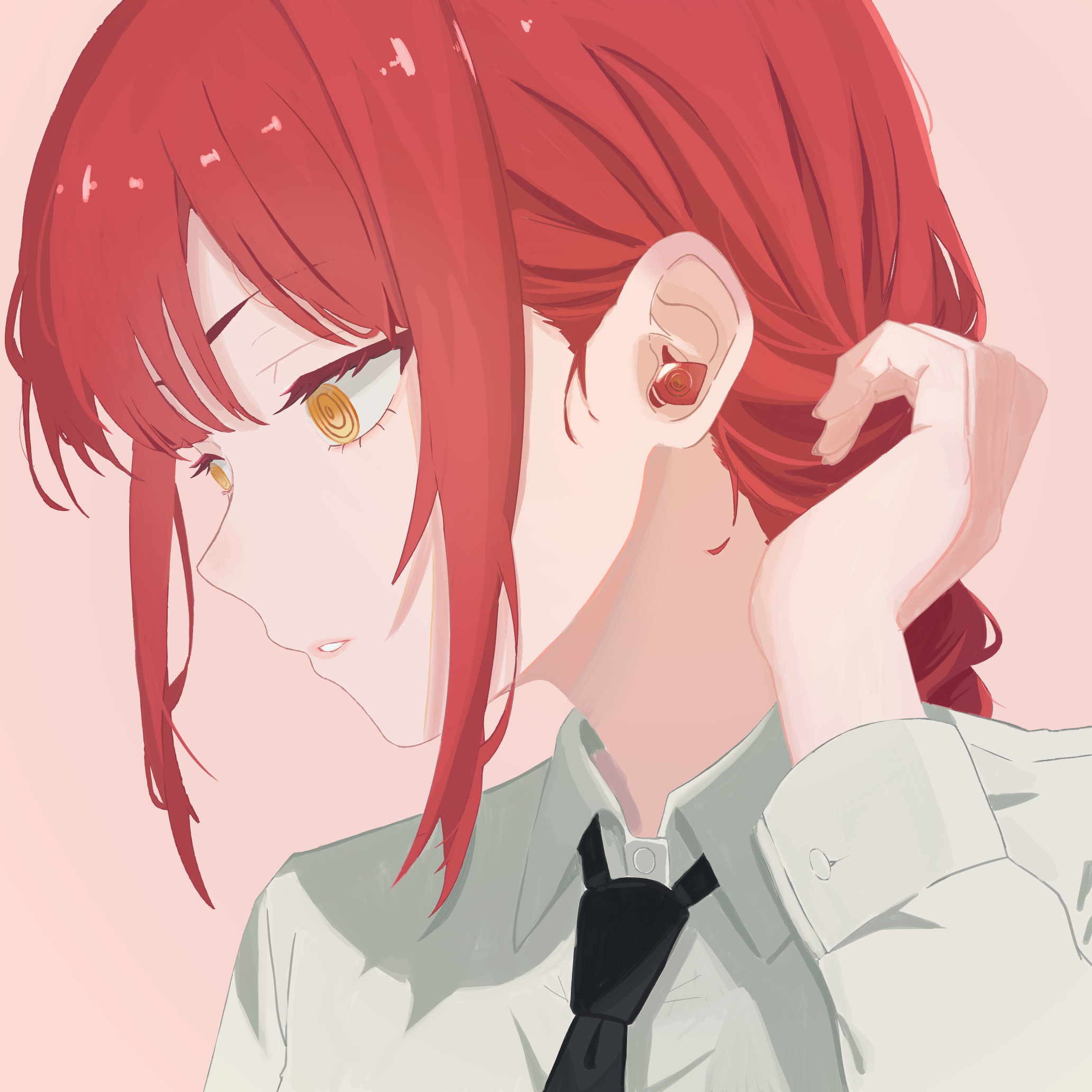 makima (chainsaw man), chainsaw man, highres, 1girl, black necktie, braid, collared shirt, earbuds, earphones, long hair, necktie, parted lips, red hair, ringed eyes, shirt, sidelocks, solo, sumikadoji, white shirt, yellow eyes