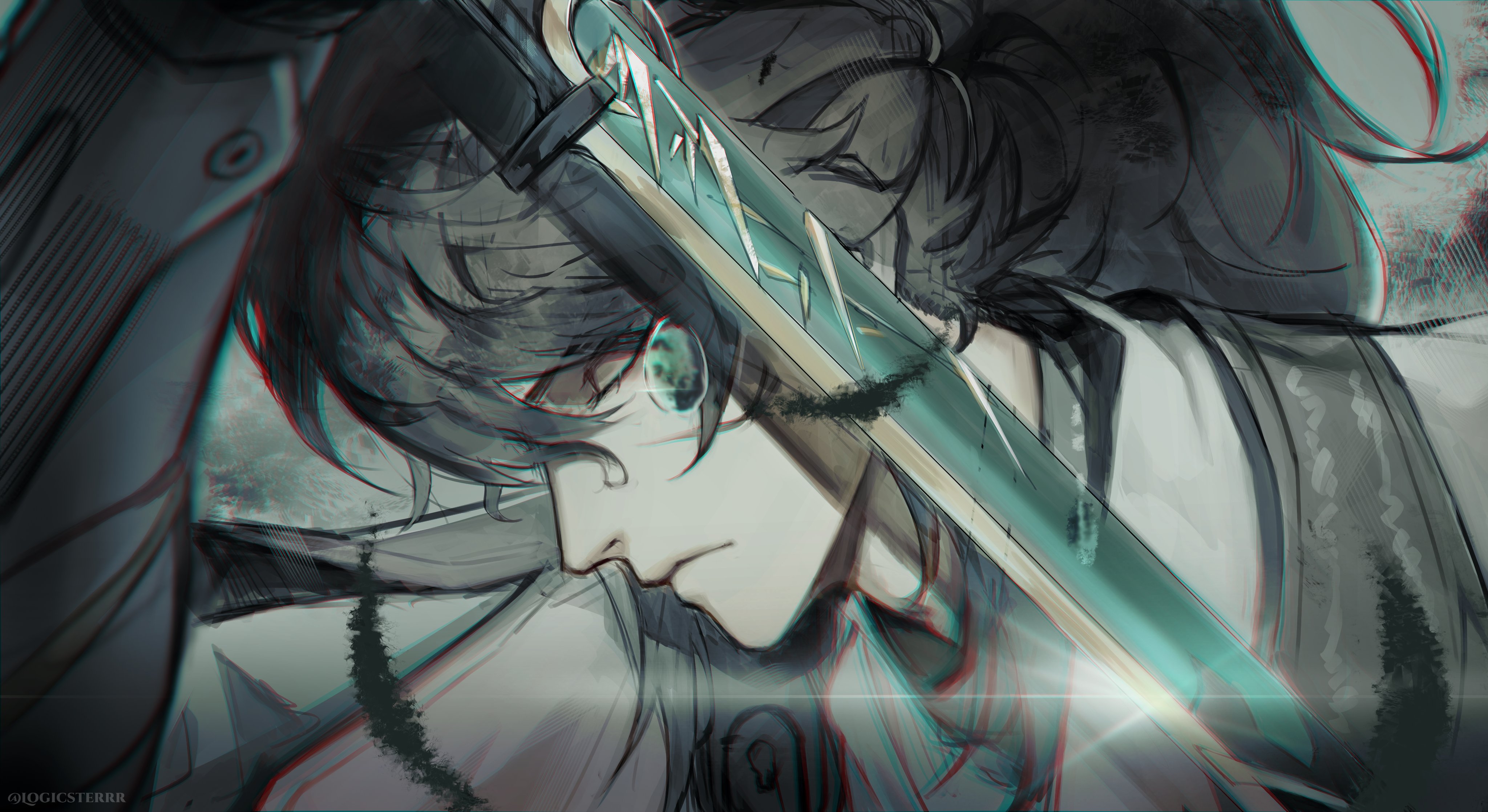 logicsterrr, yuan feng, reverend insanity, absurdres, character request, check character, check copyright, copyright request, highres, 1boy, armor, black hair, black vest, closed eyes, double-parted bangs, glint, hair between eyes, head down, high ponytail, holding, holding sword, holding weapon, male focus, ponytail, portrait, shirt, solo, sword, vest, weapon, white shirt