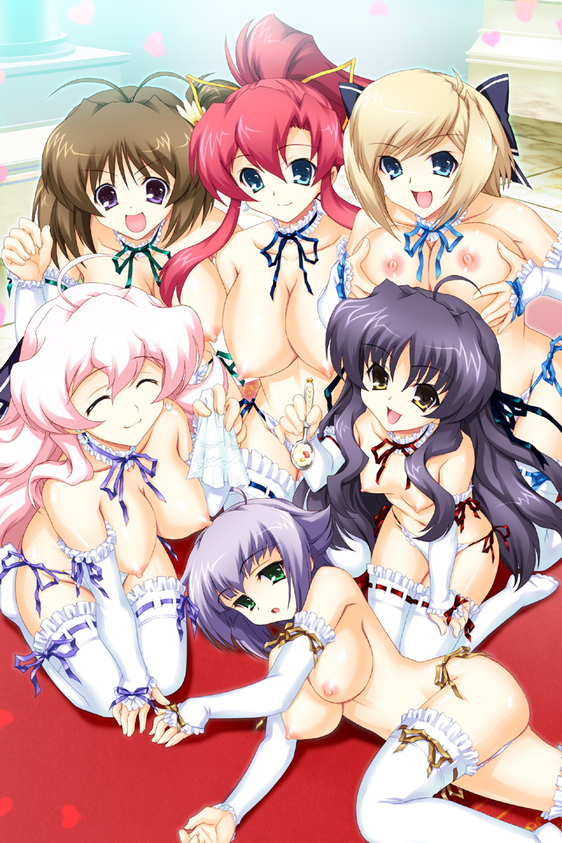 nia teppelin, yoko littner, tengen toppa gurren lagann, highres, 00s, 6+girls, ass, blue eyes, breasts, brown hair, detached sleeves, female focus, green eyes, huge breasts, large breasts, long hair, lying, multiple girls, nipples, nude, open mouth, pink hair, ponytail, purple eyes, purple hair, red hair, short hair, smile, thighhighs, yellow eyes