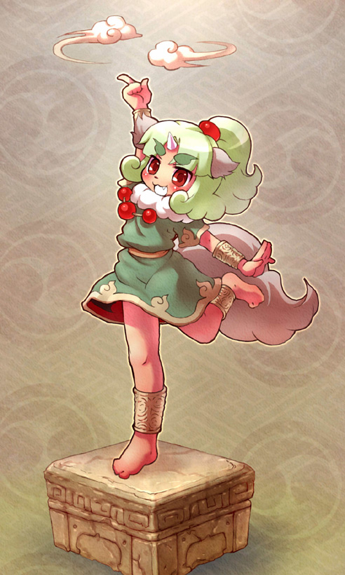 sankuma, ikoma, original, eyebrows, 1girl, animal ears, arm up, barefoot, fang, female focus, full body, green hair, horns, podium, ponytail, red eyes, single horn, solo, standing, standing on one leg, tail