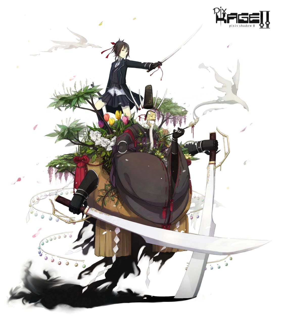 eryngii yoko, pixiv, pixiv shadow, highres, black hair, hat, horns, japanese clothes, katana, mask, monster, petals, plaid clothes, plaid skirt, school uniform, short hair, skirt, sword, weapon