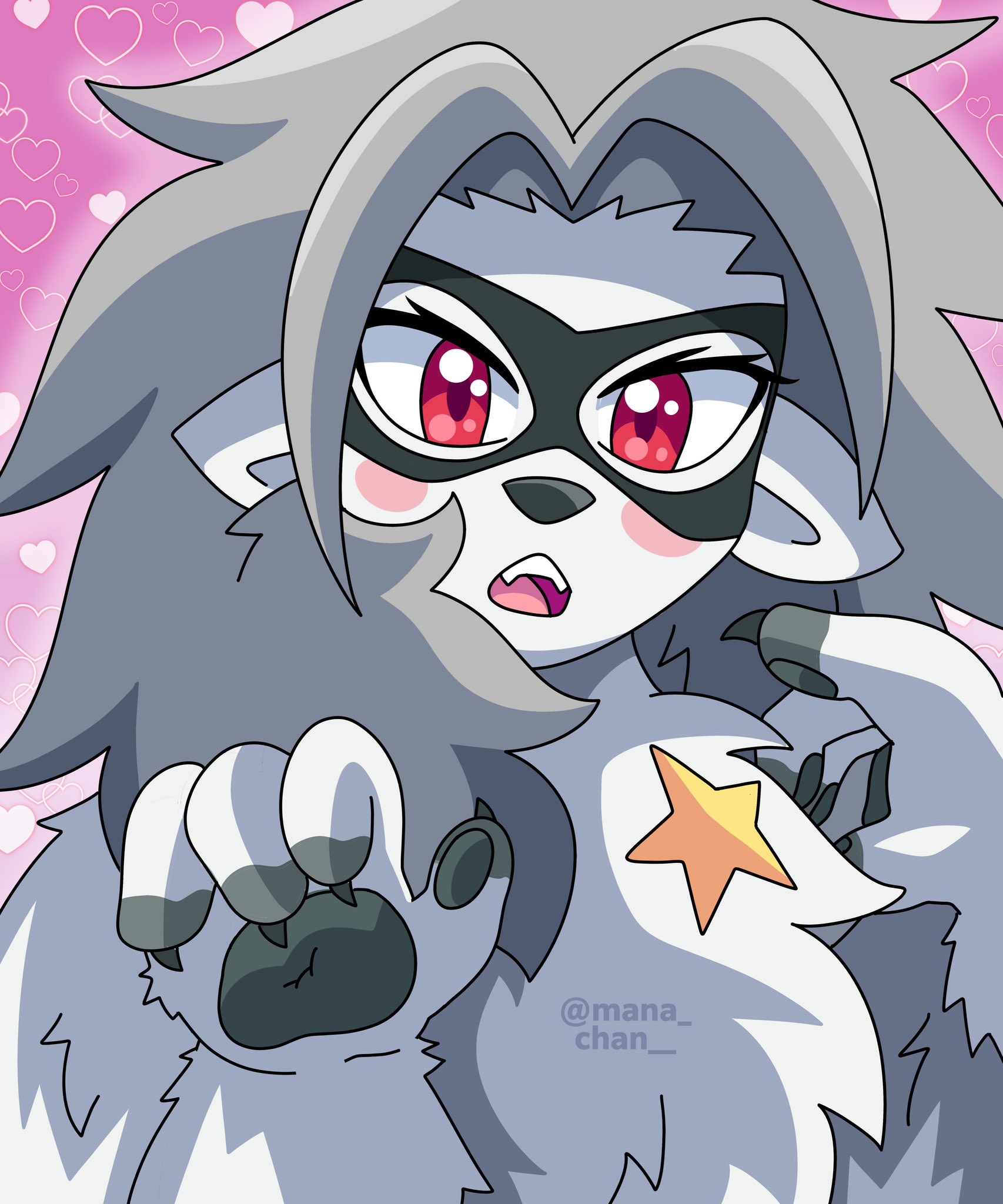 mana-chan, wolvermon, digimon, blush, digimon (creature), looking at viewer, mask, red eyes, star (symbol)