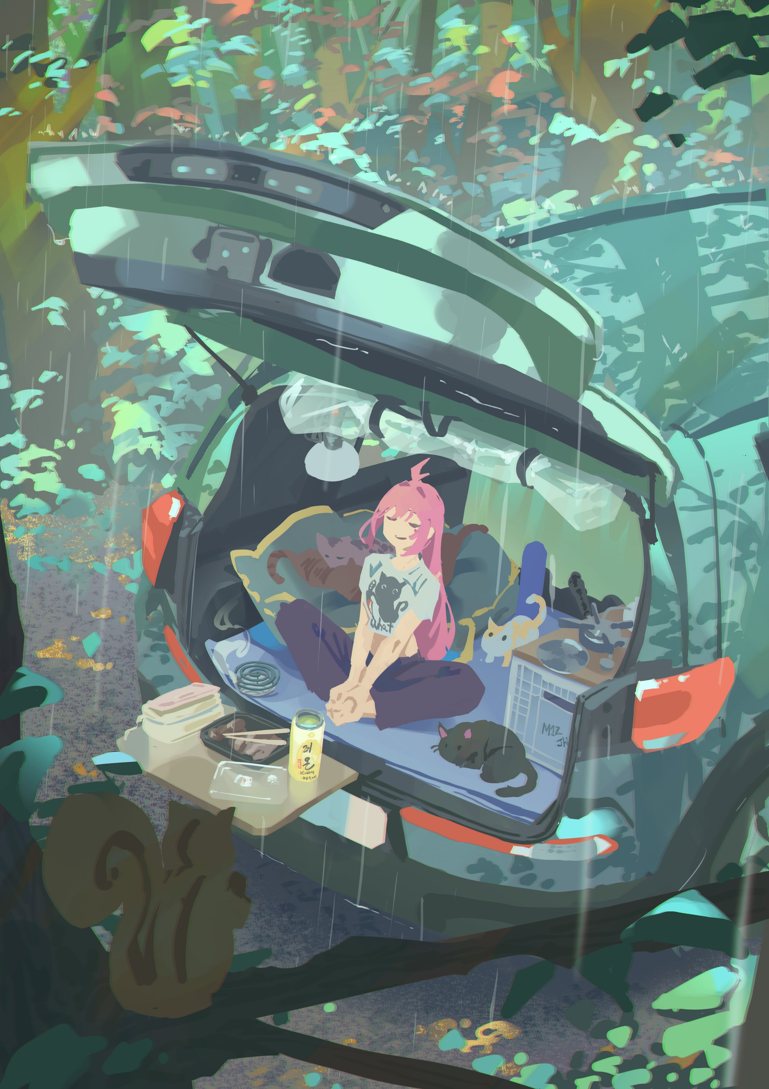 jhigf, original, 1girl, car trunk, cat, closed eyes, long hair, meal, rain, sitting