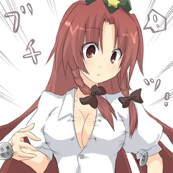 nase, hong meiling, touhou, bad id, bad pixiv id, 1girl, braid, breasts, bursting breasts, buttons, cleavage, female focus, hat, large breasts, long hair, popped button, red eyes, red hair, simple background, solo, twin braids, undersized clothes, white background