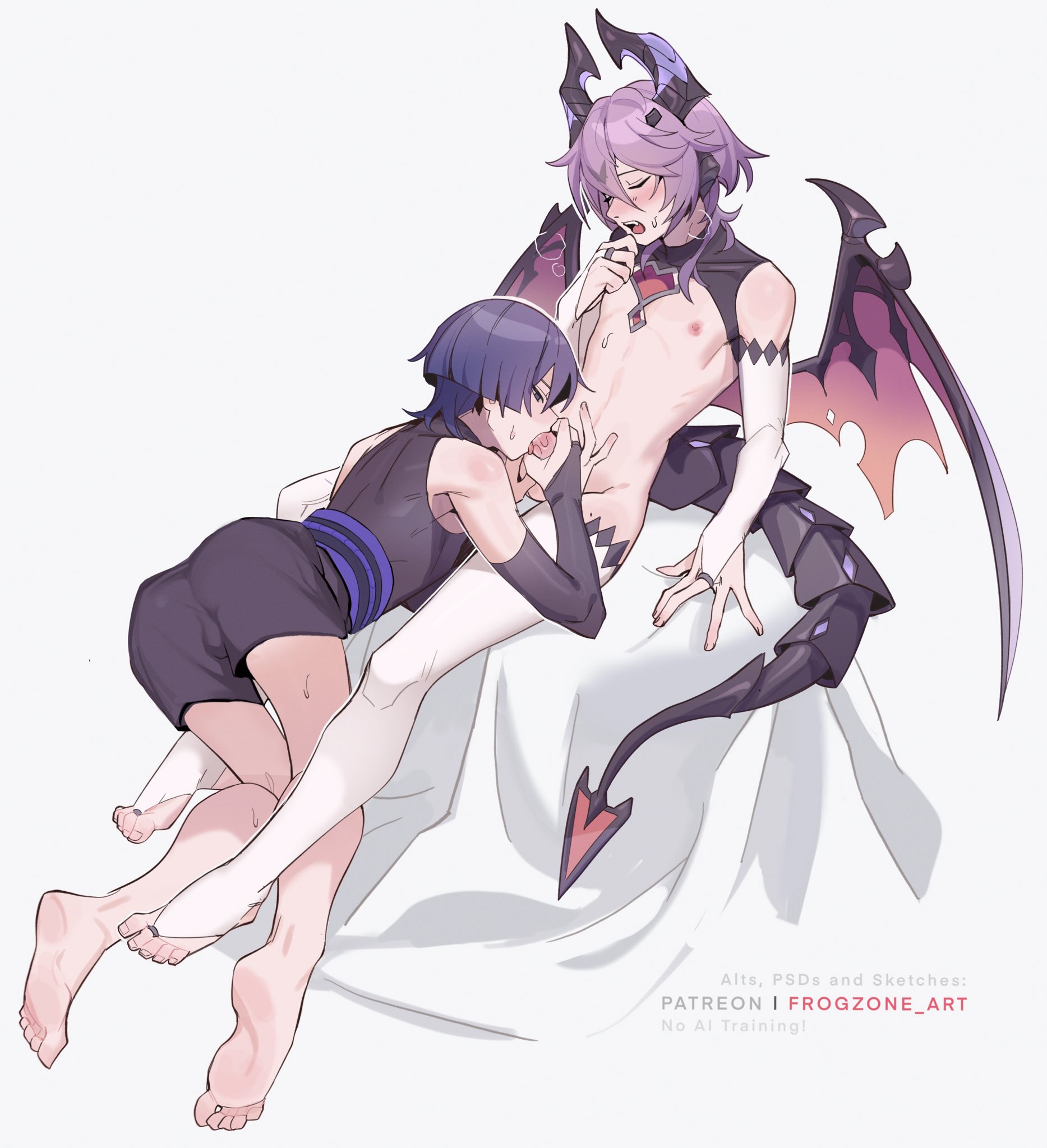 frogzone art, mini durin (genshin impact), mini durin (human) (genshin impact), scaramouche (genshin impact), wanderer (genshin impact), genshin impact, 2boys, blush, closed eyes, clothed male nude male, dragon boy, dragon horns, dragon tail, dragon wings, erection, fellatio, horns, male focus, multiple boys, nude, open mouth, oral, patreon username, penis, purple hair, soles, tail, toeless legwear, toes, trap, trap on trap, uncensored, white background, wings, yaoi