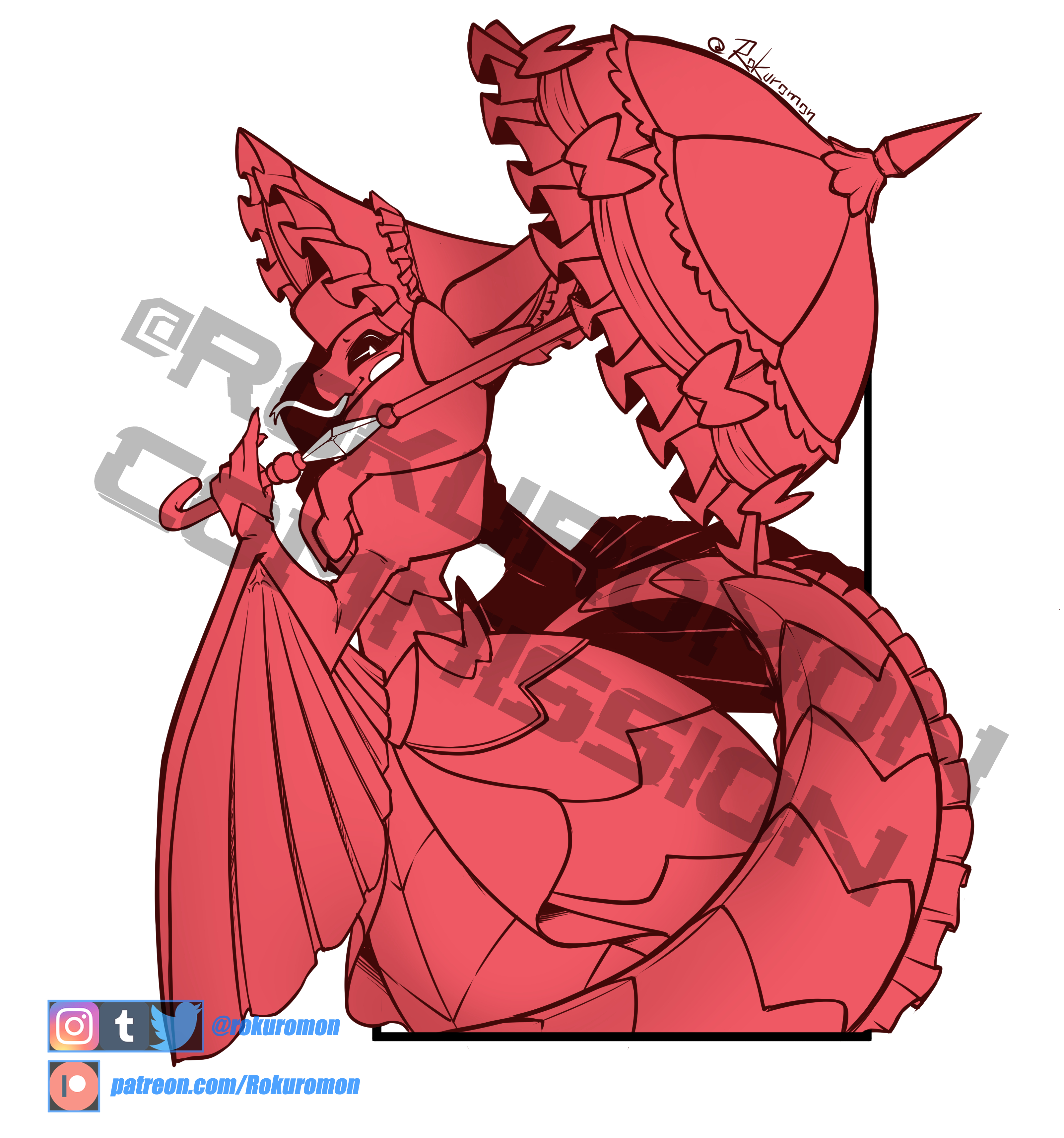 rokuromon, lamiamon, digimon, black sclera, colored sclera, digimon (creature), hat, horns, lamia, long hair, monster girl, ribbon