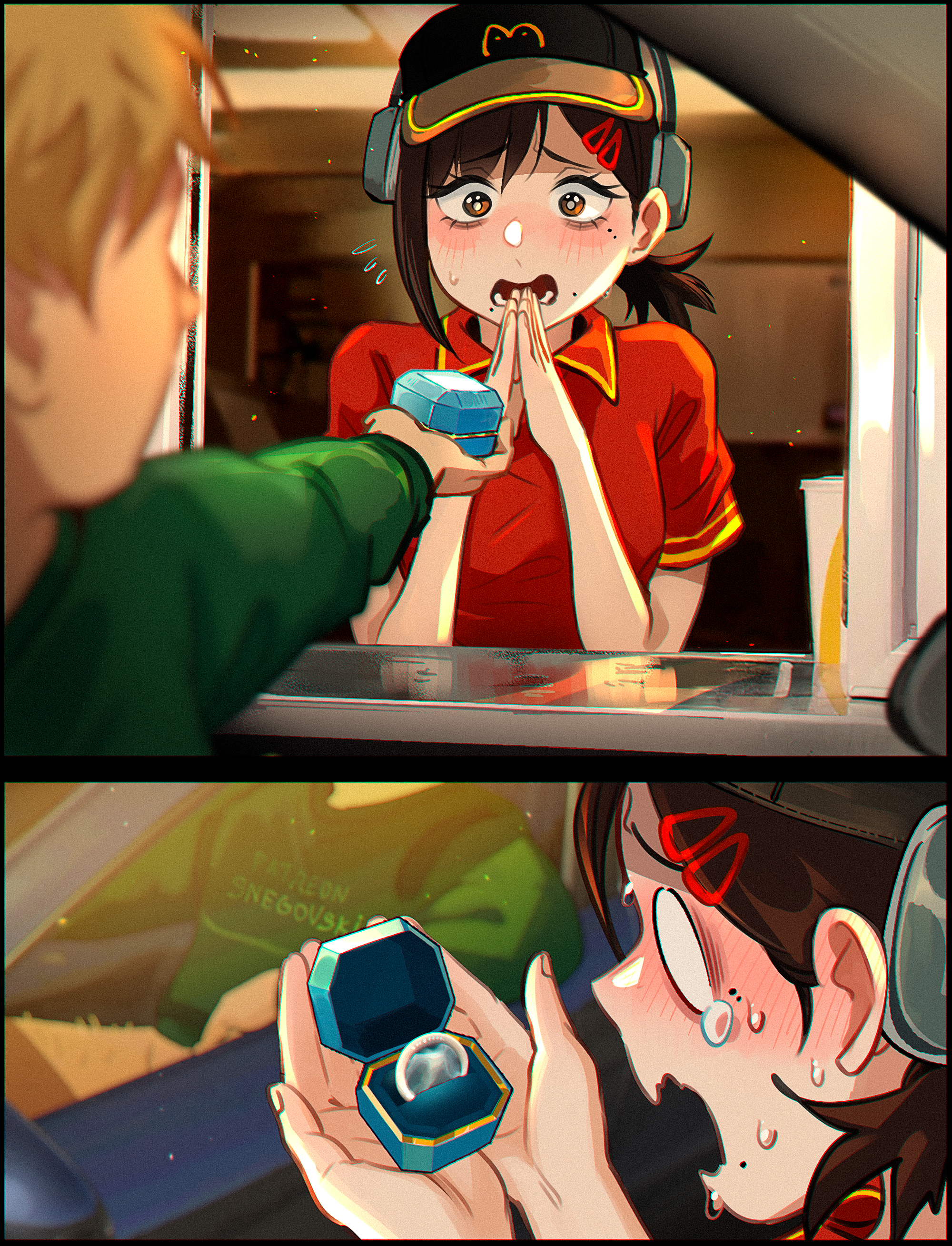 snegovski, higashiyama kobeni, chainsaw man, absurdres, highres, 1boy, 1girl, baseball cap, black hat, blank eyes, blonde hair, blush, brown hair, condom, employee uniform, flying sweatdrops, green hoodie, hair ornament, hairclip, hat, headset, hood, hoodie, mole, mole under eye, open mouth, red shirt, ring box, shirt, tearing up