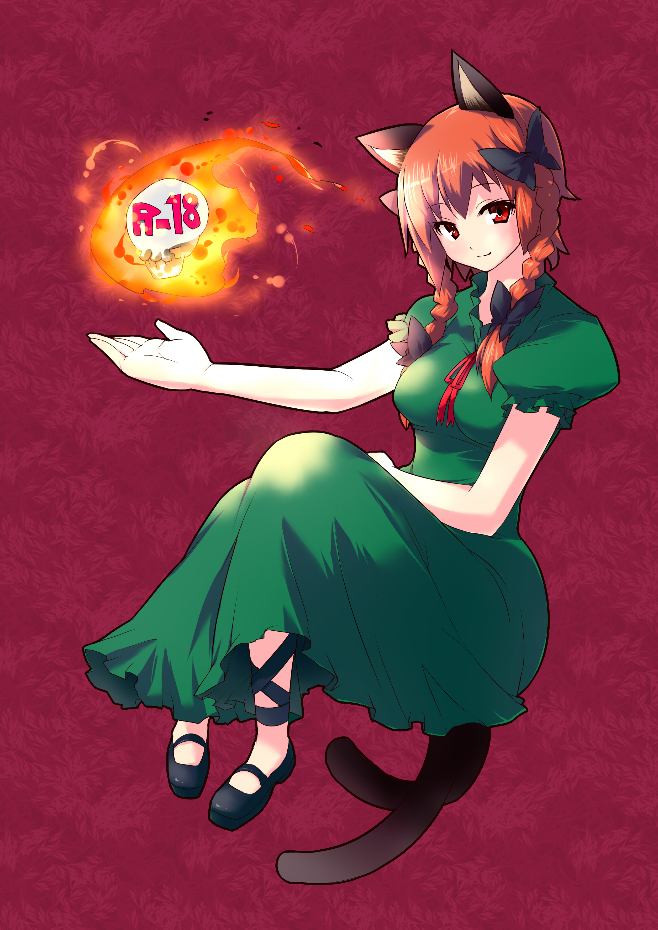 blue vert, kaenbyou rin, touhou, absurdres, highres, 1girl, animal ears, braid, cat ears, cat girl, cat tail, female focus, full body, hair ribbon, multiple tails, red eyes, red hair, ribbon, sitting, skull, solo, tail, twin braids, twintails