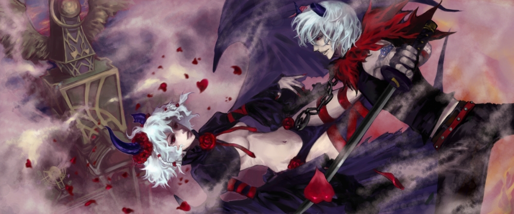 oha (amaaji), abane reizei, lucifer (daemon bride), daemon bride, 1boy, 1girl, breasts, chain, flower, horns, medium breasts, rose, sword, underboob, weapon