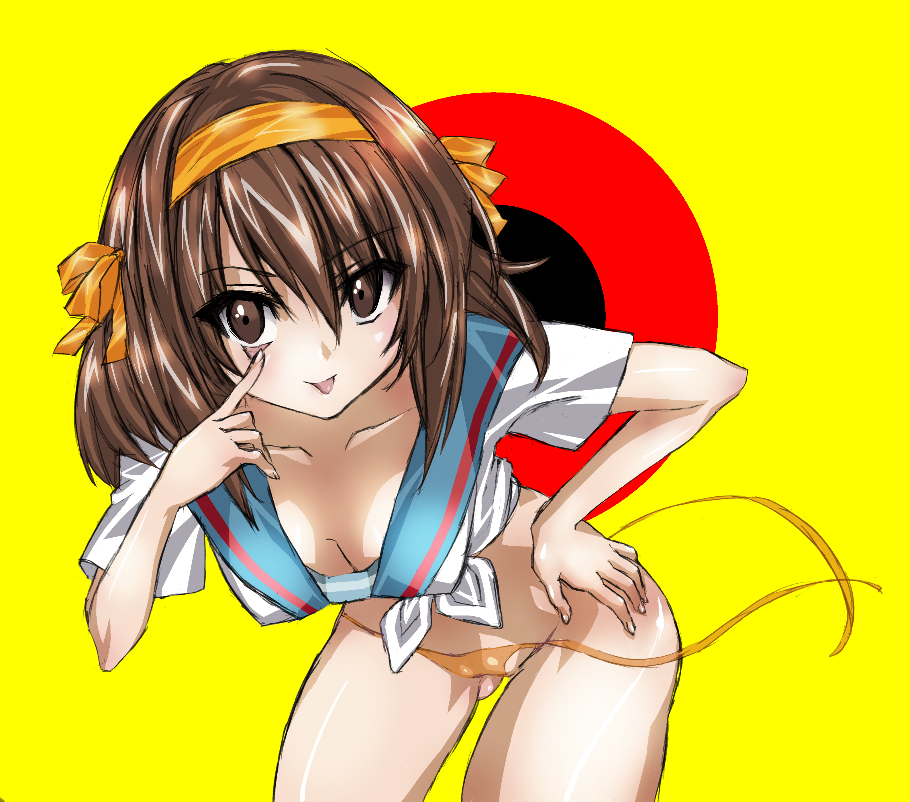 maetaku, suzumiya haruhi, suzumiya haruhi no yuuutsu, untied, absurdres, bad id, bad pixiv id, highres, 00s, 1girl, akanbe, bikini, breasts, brown eyes, brown hair, cleavage, downblouse, eyelid pull, female focus, solo, swimsuit, tongue, tongue out, undressing
