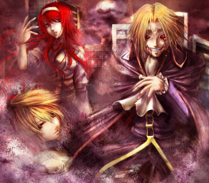 koukyou, takakyo, arcueid brunestud, night of wallachia, tohno akiha, toono akiha, vermillion akiha, melty blood, tsukihime, bad id, bad pixiv id, 00s, 1girl, 2boys, blonde hair, blood, hairband, long hair, multiple boys, red hair