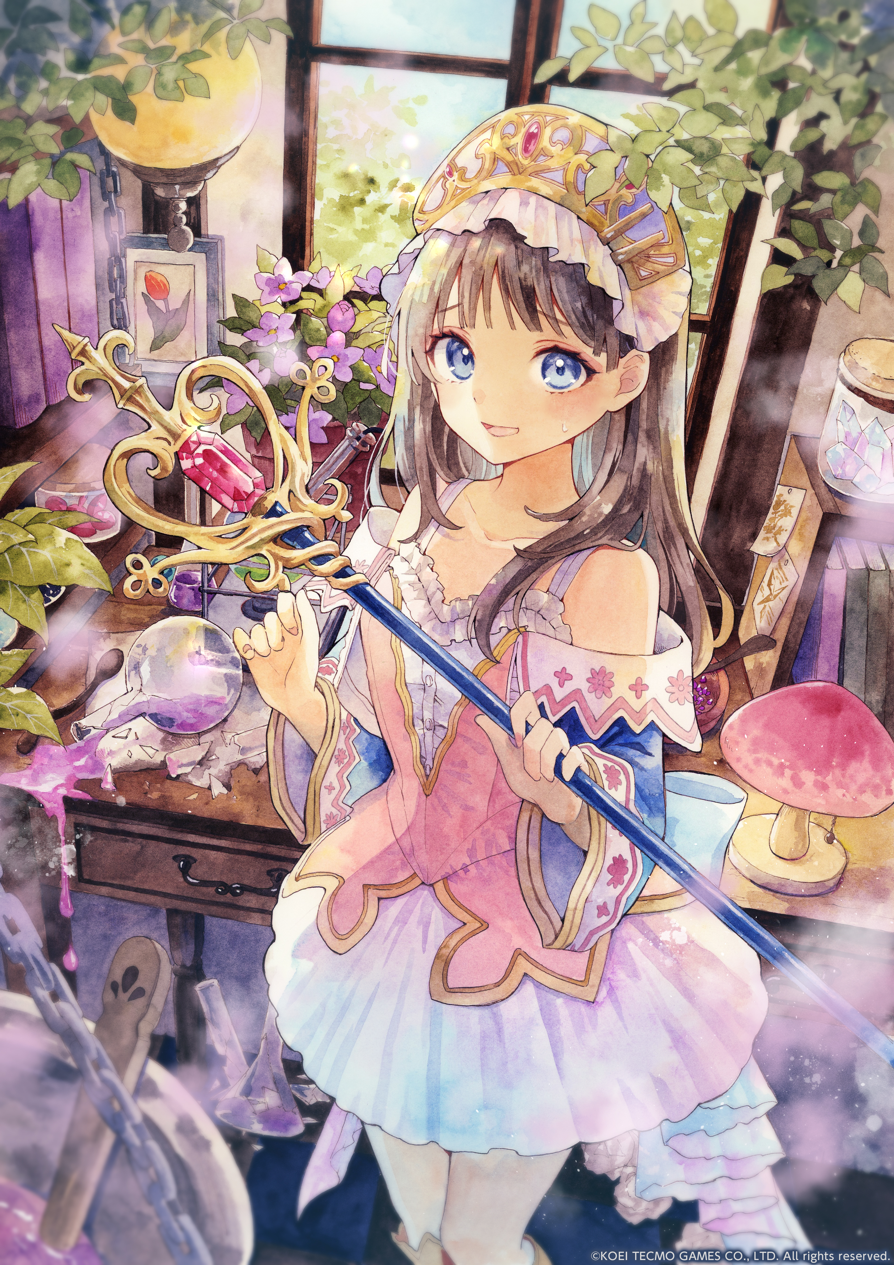 yuyuharu 1027, totooria helmold, atelier (series), atelier totori, absurdres, highres, official art, painting (medium), protected link, second-party source, traditional media, watercolor (medium), 1girl, :d, accident, blue eyes, book, broken glass, brown hair, cauldron, chain, collarbone, copyright notice, crystal, drawer, dress, feet out of frame, fingernails, flower, gem, glass, hands up, indoors, jar, long sleeves, looking at viewer, nervous, off-shoulder dress, off shoulder, open mouth, pink dress, pink nails, potion, purple flower, red gemstone, short dress, small sweatdrop, smile, solo, spill, standing, tiara, window