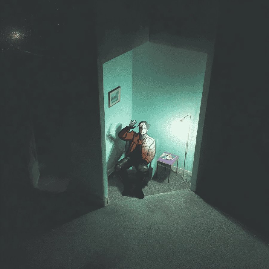 jimjack johnnie, jason todd, red hood (dc), bat signal, batman symbol, bodysuit, gloves, grey bodysuit, indoors, long sleeves, looking at viewer, male focus, multicolored bodysuit, muscular, muscular male, open mouth, red hood and the outlaws, short hair, sitting, smile, superhero costume, taut bodysuit, two-tone bodysuit