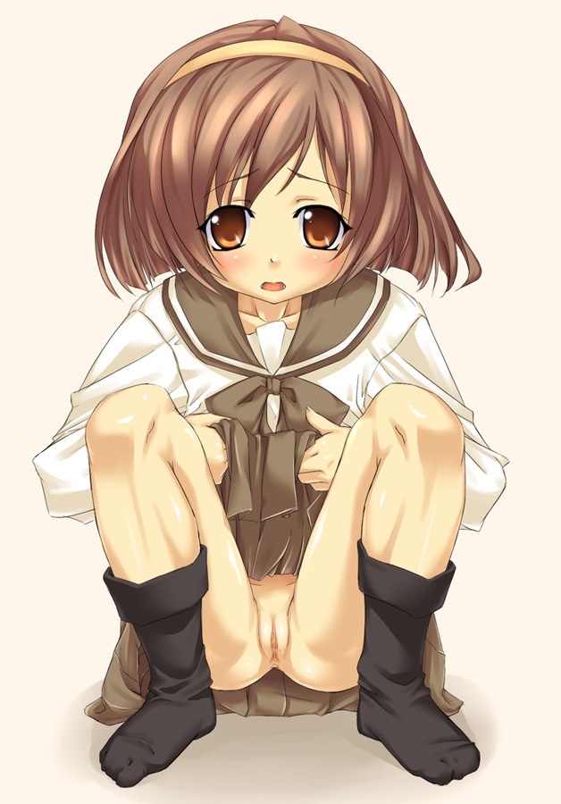 buresu, imasaka yue, memories off, third-party edit, anus, brown eyes, brown hair, clothes lift, loli, no panties, pussy, school uniform, skirt, skirt lift, socks