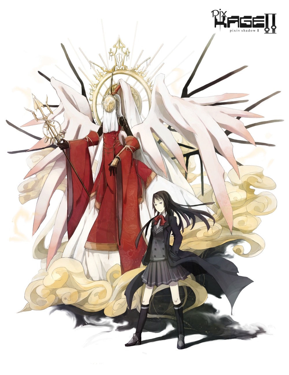 eryngii yoko, pixiv, pixiv shadow, highres, black hair, coat, kneehighs, long hair, mask, monster, pleated skirt, school uniform, skirt, socks, staff, wings