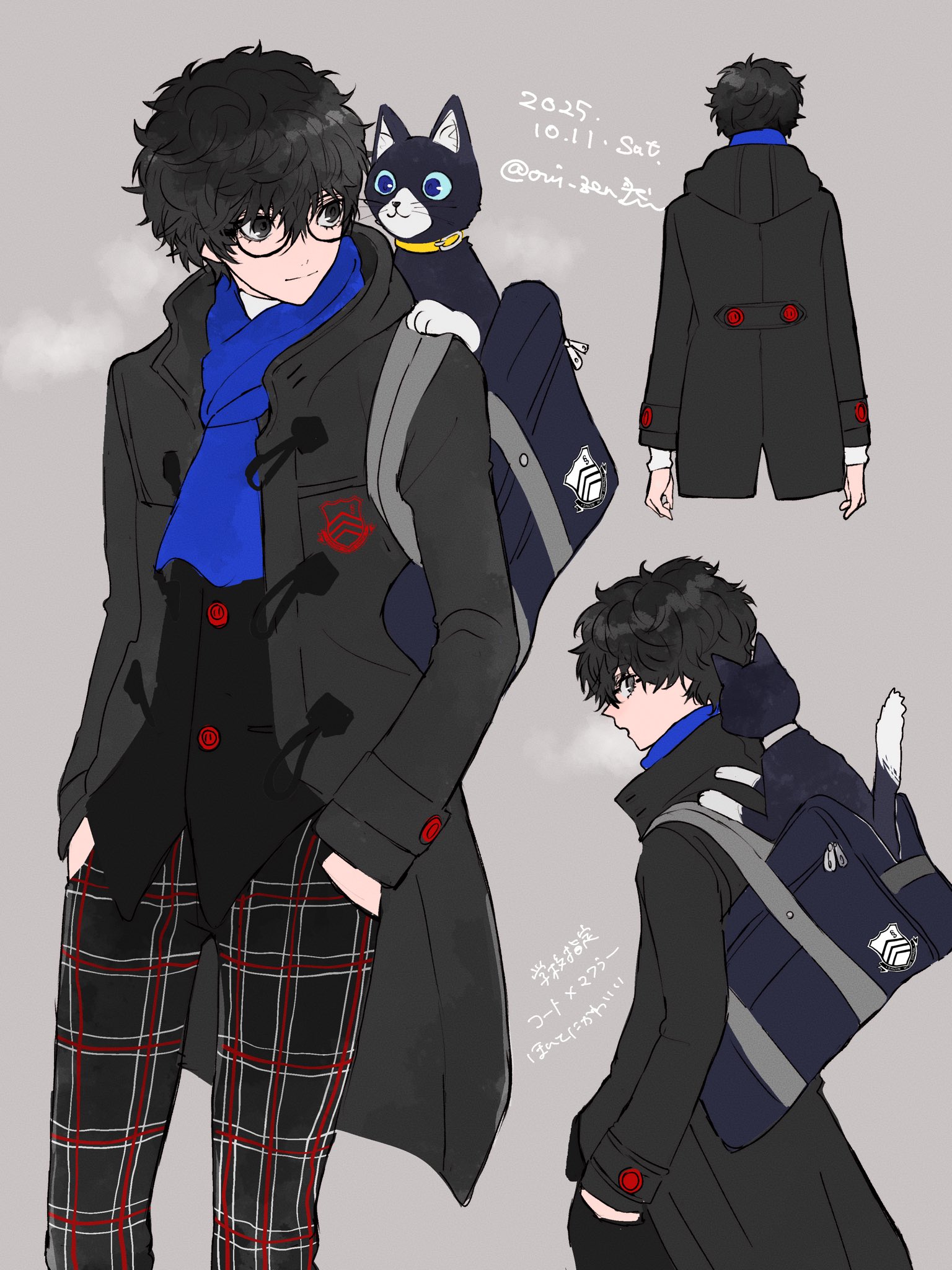 oui zen, tuxedo cat, amamiya ren, morgana (cat) (persona 5), morgana (persona 5), persona, persona 5, highres, translation request, 1boy, animal, animal on shoulder, black-framed eyewear, black coat, black eyes, black hair, blue scarf, cat, checkered clothes, checkered pants, coat, feet out of frame, from behind, from side, glasses, grey background, hands in pockets, male focus, messy hair, pants, profile, scarf, school uniform, short hair, shuujin academy school uniform, simple background