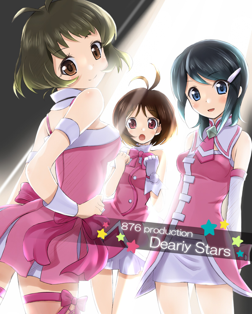 komone ushio, akizuki ryo, hidaka ai, mizutani eri, idolmaster, idolmaster dearly stars, bad id, bad pixiv id, 1boy, 2girls, :o, bare shoulders, bow, breast padding, crossdressing, cute & girly (idolmaster), elbow gloves, gloves, multiple girls, single glove, smile, thighhighs, trap