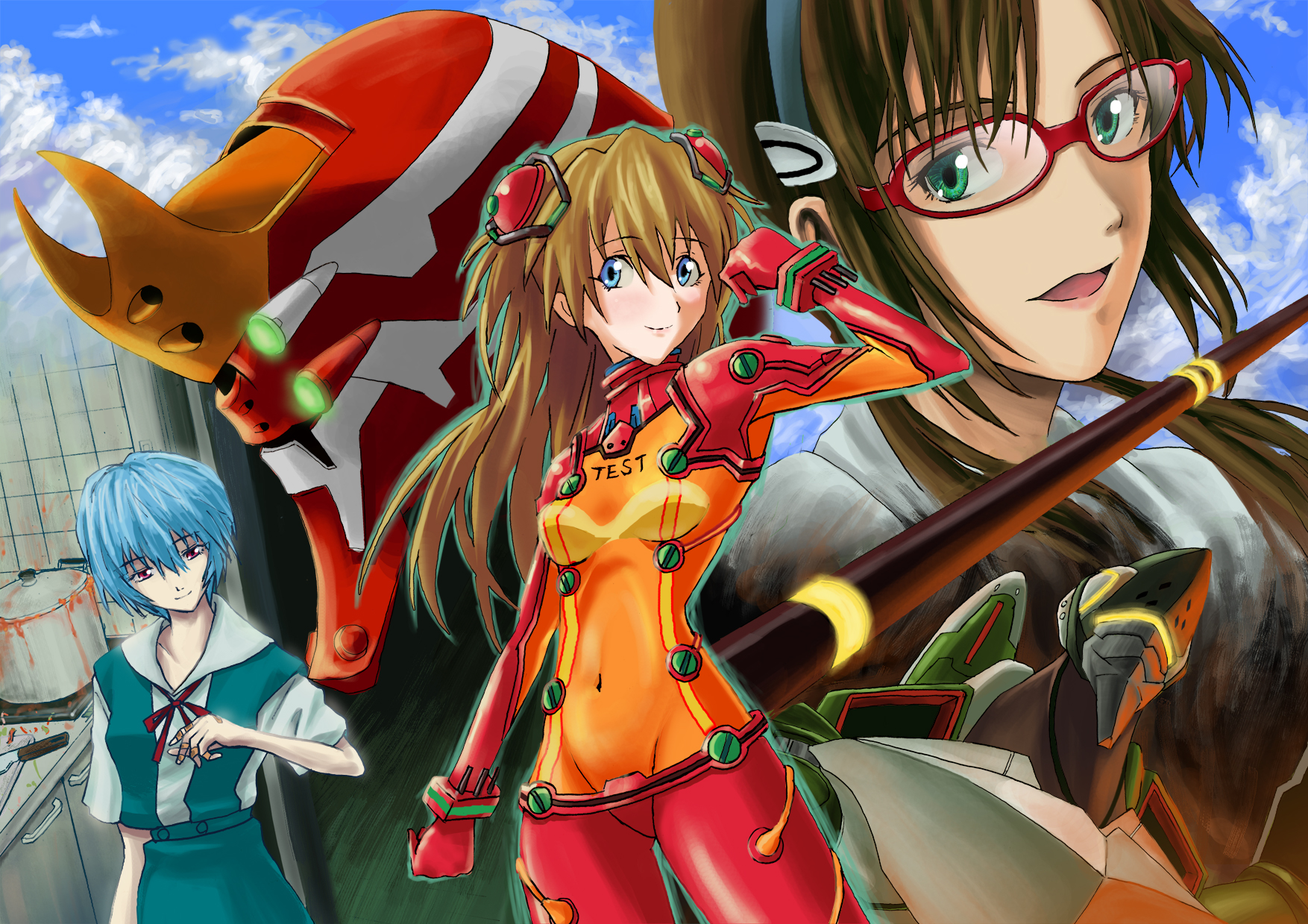 kaeru314, kaeru (kaerism), ayanami rei, eva 02, eva 05, makinami mari illustrious, souryuu asuka langley, evangelion: 2.0 you can (not) advance, neon genesis evangelion, rebuild of evangelion, highres, 00s, 3girls, bodysuit, breasts, cleavage, glasses, long hair, mecha, mecha pilot suit, multicolored bodysuit, multiple girls, plugsuit (evangelion), robot, school uniform, see-through cleavage, see-through clothes, short hair, test plugsuit (evangelion), two-tone bodysuit