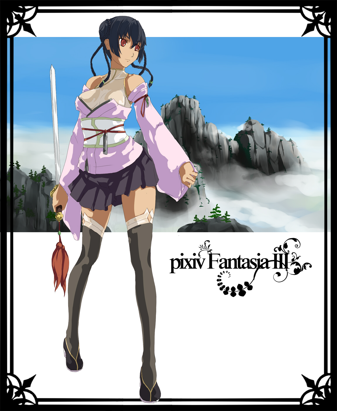 afurichin, pixiv fantasia, pixiv fantasia 3, highres, akatsuhara empire, black hair, braid, full body, japanese clothes, legs, red eyes, skirt, solo, sword, thighhighs, weapon