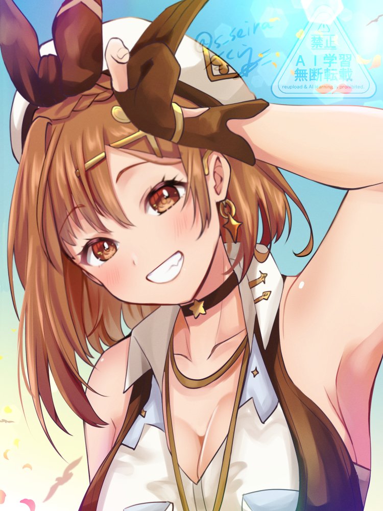 snowstar, reisalin stout, atelier (series), atelier ryza, atelier ryza 3, 1girl, armpits, bare shoulders, breasts, brown eyes, brown hair, cleavage, earrings, hat, jewelry, large breasts, parted lips, smile, solo, three-finger salute, white hat