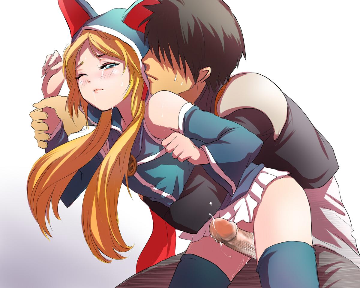 moocharuto, tenjuin frederica, psyren, bad id, animal ears, between legs, blonde hair, blush, detached sleeves, from behind, frottage, green eyes, holding another's wrist, hood, loli, long hair, miniskirt, penis, precum, pussy juice, rubbing, saliva, skirt, tears, thigh sex, thighhighs, thighs, twintails, uncensored, wince