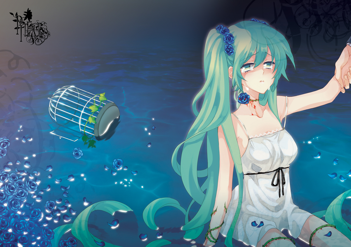 ayto, hatsune miku, vocaloid, bad id, bad pixiv id, blood, blue flower, blue rose, cage, choker, dress, flower, green eyes, green hair, long hair, rose, sitting, solo, tears, twintails, very long hair, water