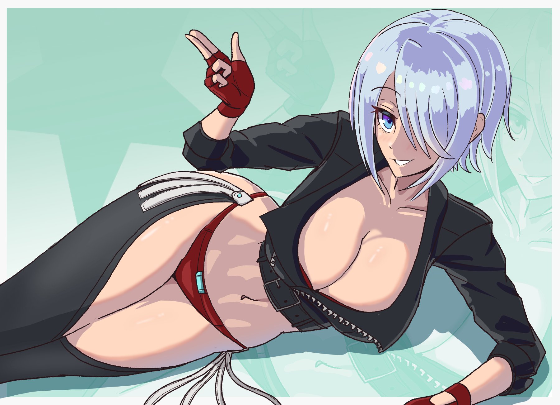 aohadapeach, angel (kof), snk, the king of fighters, the king of fighters xiv, highres, 1girl, backless pants, blue eyes, bra, breasts, chaps, cleavage, crop top, cropped jacket, fingerless gloves, gloves, hair over one eye, index fingers raised, jacket, large breasts, leather, leather jacket, midriff, navel, panties, pants, short hair, smile, solo, strapless, strapless bra, toned, toned female, underwear, white hair