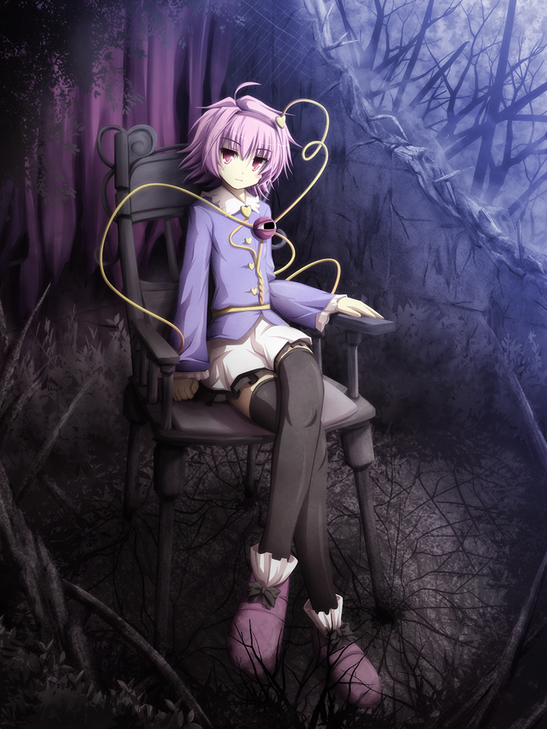 akashio (loli ace), komeiji satori, touhou, bad id, bad pixiv id, 1girl, chair, crossed legs, female focus, hairband, heart, purple eyes, purple hair, ruins, sitting, skirt, solo, thighhighs, tree, zettai ryouiki