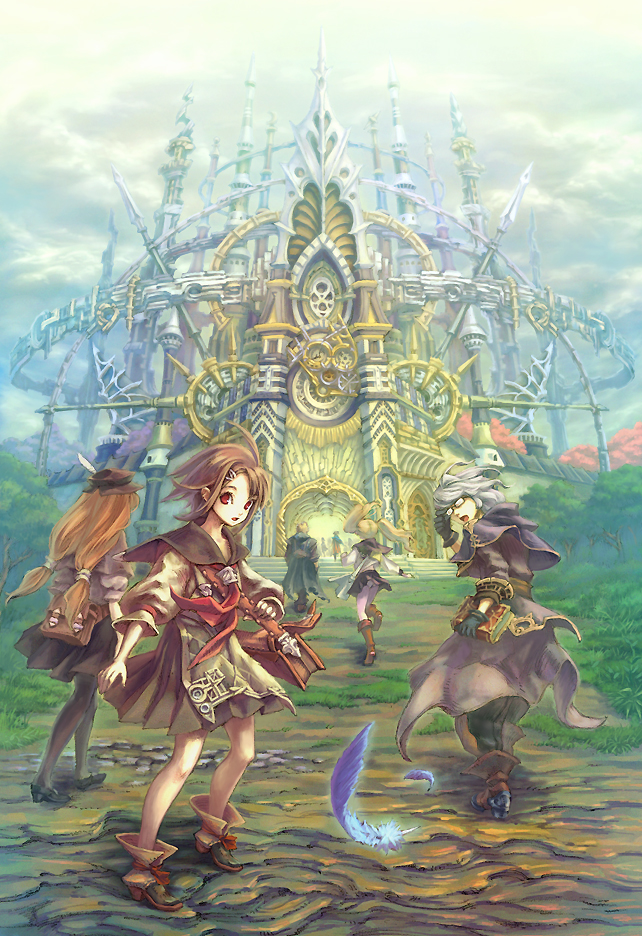 hisakata souji, original, 2boys, 4girls, book, brown hair, castle, fantasy, feathers, glasses, multiple boys, multiple girls, panties, pantyshot, red eyes, short hair, underwear, white hair