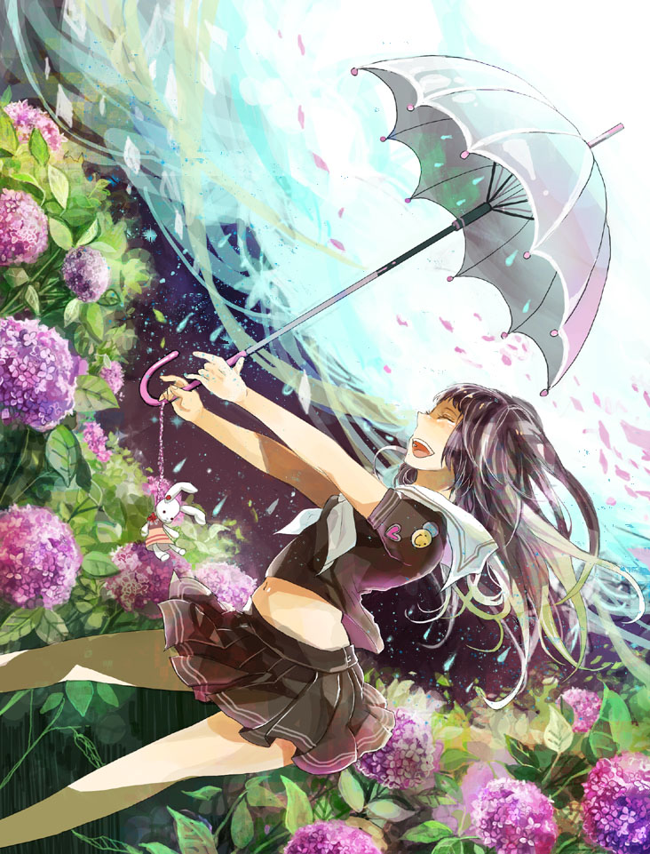 sakuragi kei, original, 1girl, brown hair, closed eyes, female focus, flower, hydrangea, midriff, nature, navel, outdoors, school uniform, serafuku, sky, solo, umbrella, wind