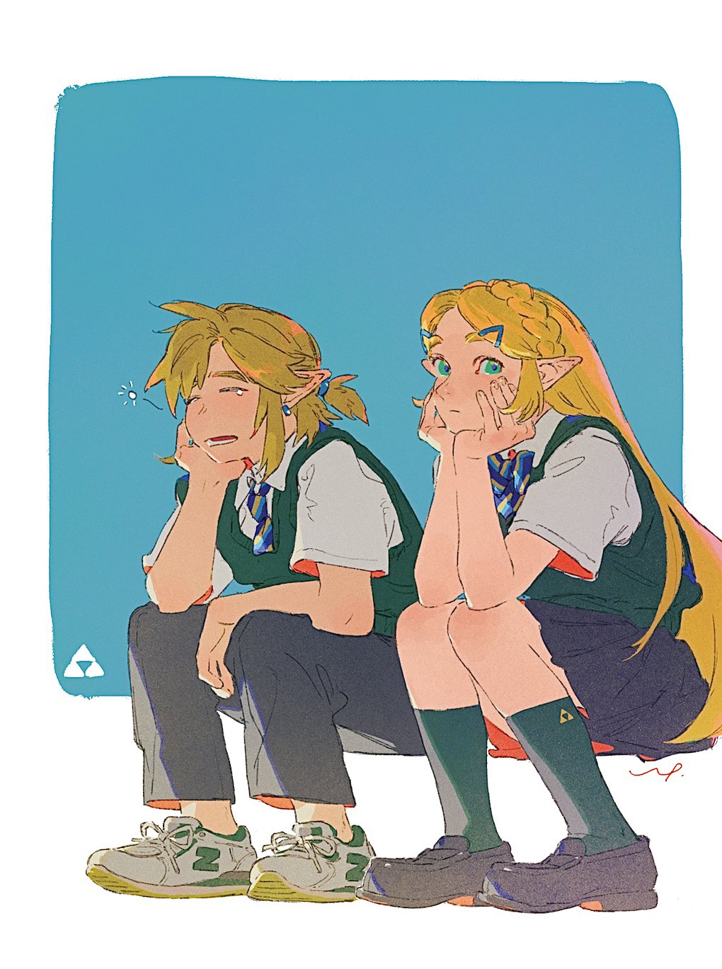 lip (lih8), link, princess zelda, nintendo, the legend of zelda, the legend of zelda: breath of the wild, highres, 1boy, 1girl, = =, alternate costume, blonde hair, braid, closed mouth, contemporary, crown braid, earrings, green eyes, hair ornament, hairclip, hands on own face, head rest, invisible chair, jewelry, loafers, long hair, looking at viewer, pleated skirt, pointy ears, ponytail, school uniform, shoes, short ponytail, sitting, skirt, sleepy, sneakers, squeans, teardrop, very long hair