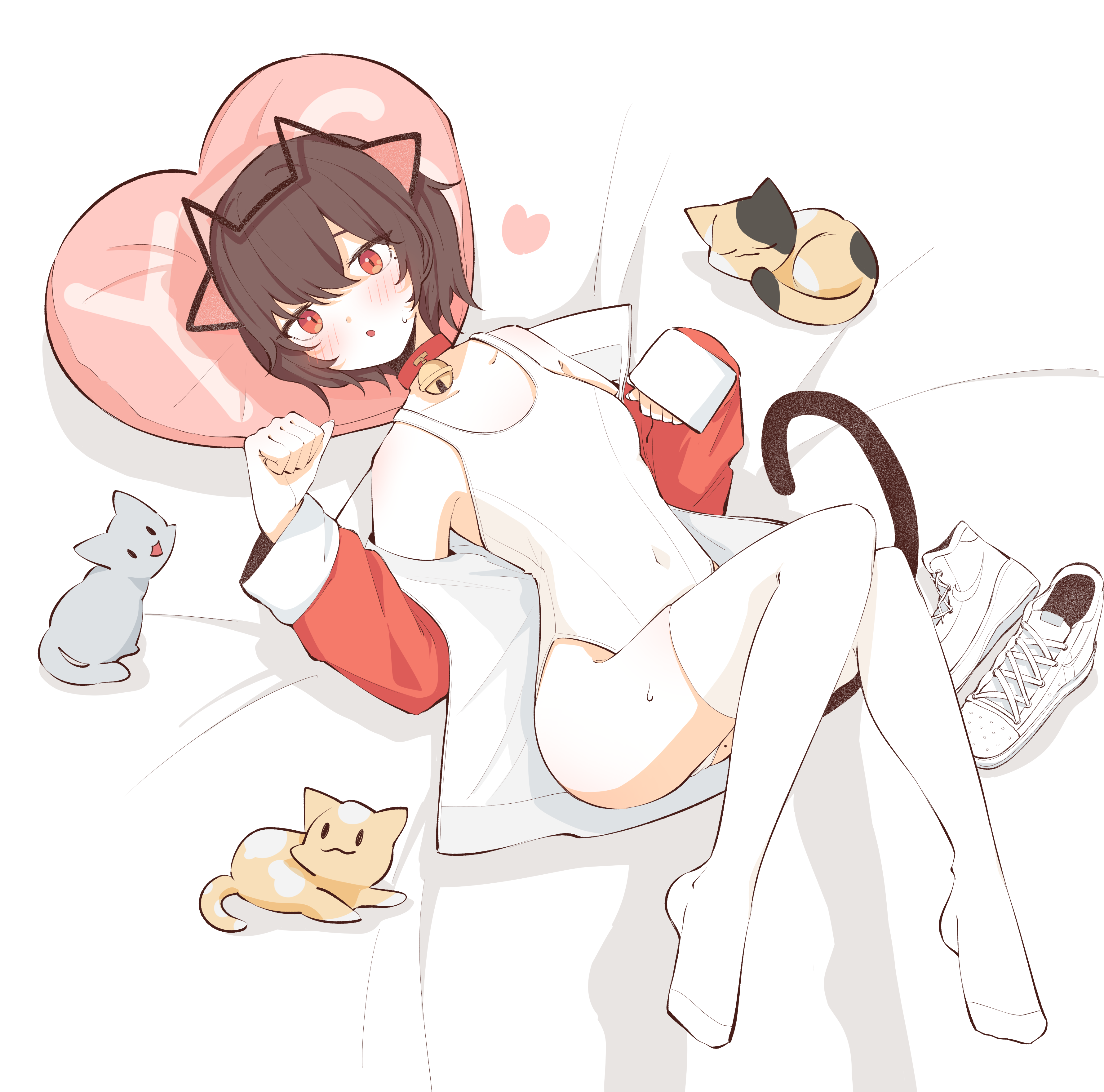 ramube, prunechi, nike (company), original, pink pillow, absurdres, commentary request, commission, footwear request, highres, korean commentary, second-party source, 1girl, animal collar, animal ear hairband, animal ears, bare shoulders, bed sheet, bell, black tail, blush, brown hair, calico (pattern), calico cat, cat, cat ear hairband, cat ears, cat tail, chestnut mouth, collar, covered navel, fake animal ears, full body, grey cat, hairband, heart, heart-shaped pillow, jacket, jingle bell, looking at viewer, lying, mole, mole on thigh, mole under eye, neck bell, no shoes, off shoulder, on back, on bed, one-piece swimsuit, orange cat, paw pose, pillow, red collar, red eyes, red jacket, shoes, short hair, sneakers, solo, sweat, swimsuit, tail, thighhighs, unworn shoes, white one-piece swimsuit, white shoes, white thighhighs, yes-no pillow