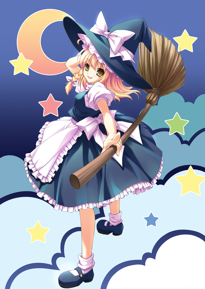 takatsukasa yue, kirisame marisa, touhou, 1girl, blonde hair, braid, broom, female focus, full body, hat, looking back, short hair, sky, solo, star (symbol), witch, witch hat, yellow eyes