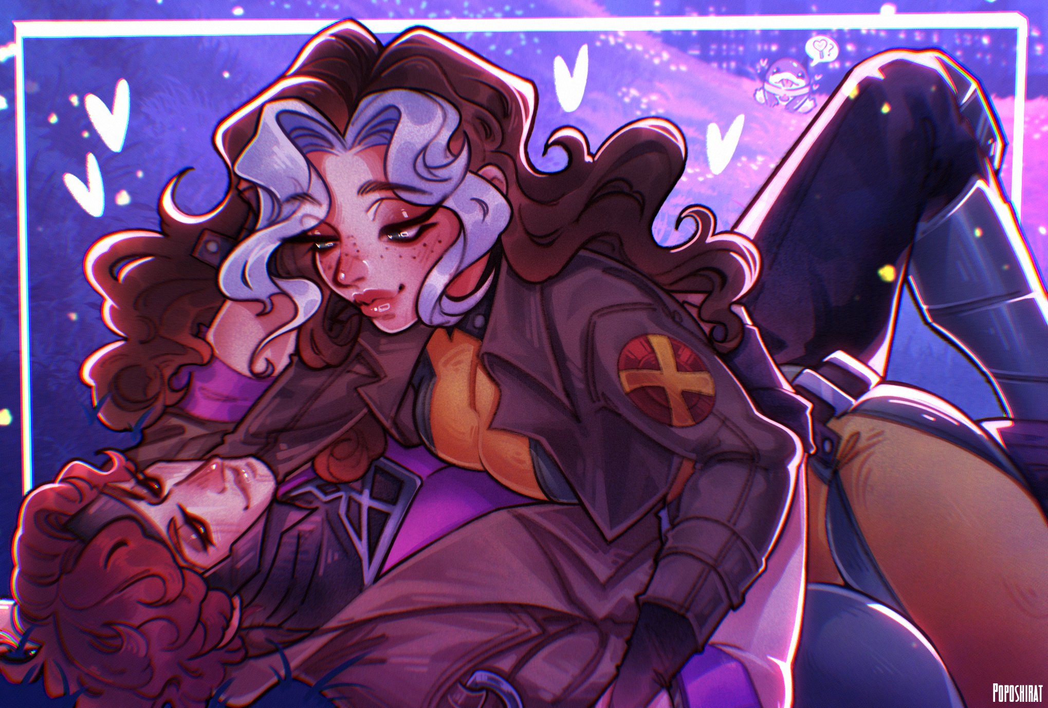 poposhirat, gambit, rogue (x-men), marvel, marvel rivals, x-men, highres, 1boy, 1girl, bodysuit, breasts, brown hair, colored bangs, gloves, green bodysuit, green eyes, jacket, long hair, multicolored bodysuit, multicolored hair, red eyes, smile, superhero costume, two-tone hair, white hair, yellow bodysuit, yellow gloves