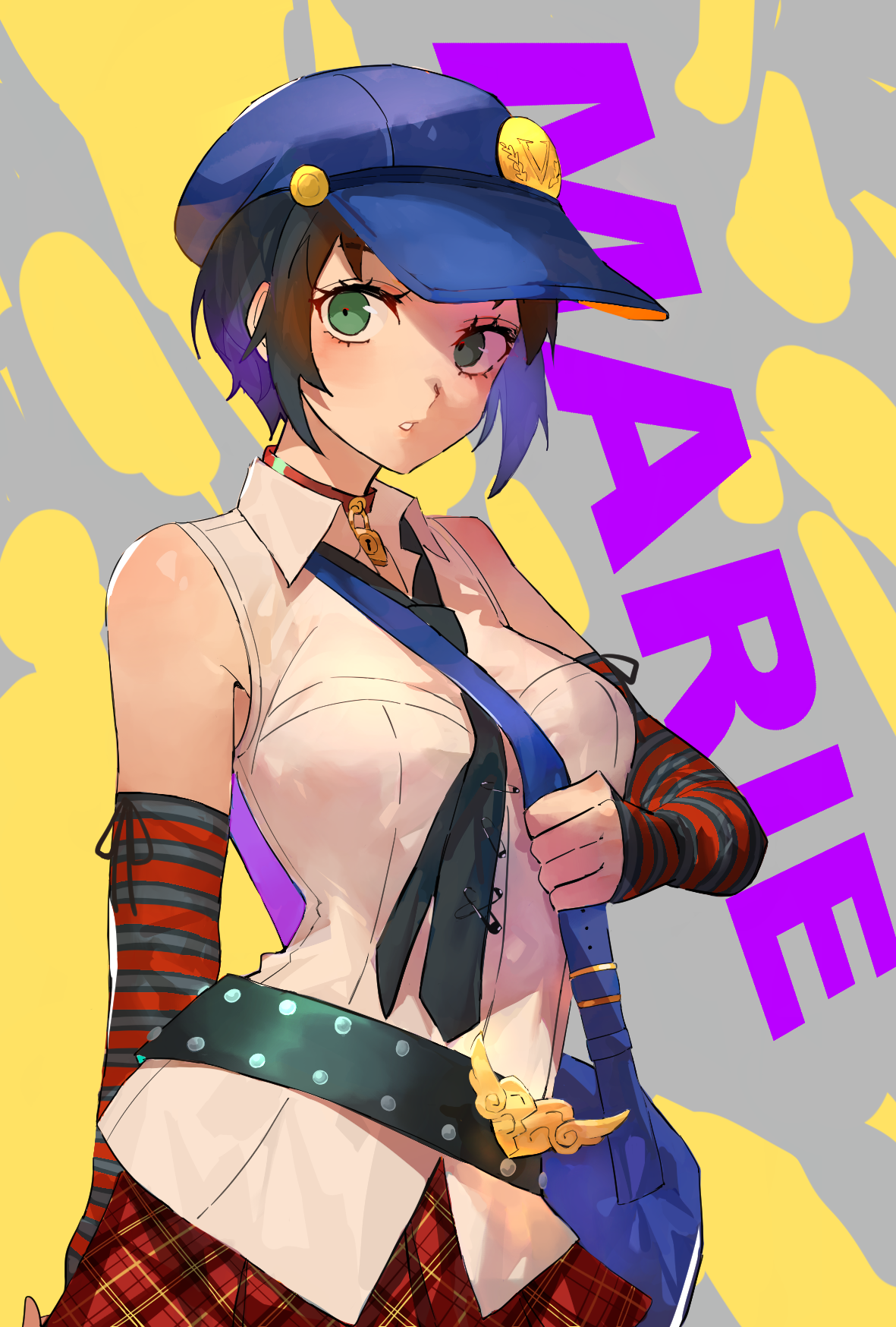 jc (pixiv 66949345), marie (persona 4), persona, persona 4, persona 4 the golden, commentary, highres, 1girl, bag, bare shoulders, belt, black hair, black necktie, blue hat, blush, breasts, character name, checkered clothes, checkered skirt, choker, collared shirt, elbow gloves, fingerless gloves, gloves, green eyes, hat, holding strap, large breasts, lock, looking at viewer, loose necktie, necktie, parted lips, red choker, red skirt, shirt, short hair, shoulder bag, skirt, sleeveless, sleeveless shirt, solo, striped clothes, striped gloves, upper body, white shirt