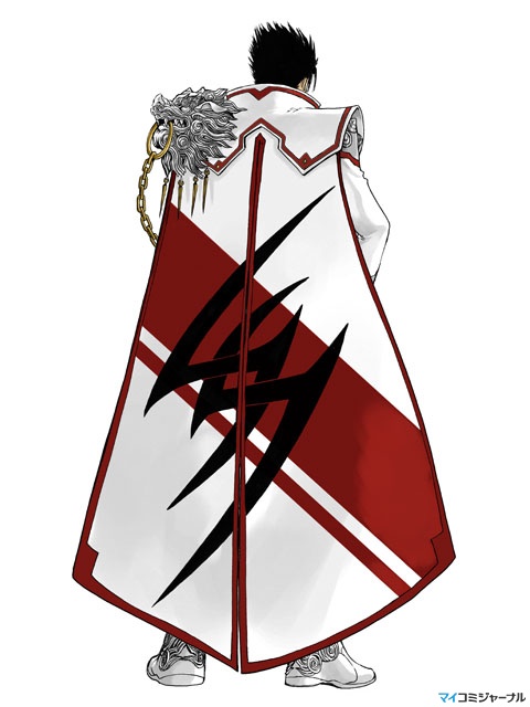 clamp, kazama jin, namco, tekken, official art, 1boy, black hair, boots, cape, chain, from behind, male focus, simple background, solo, spiked hair, standing, white background