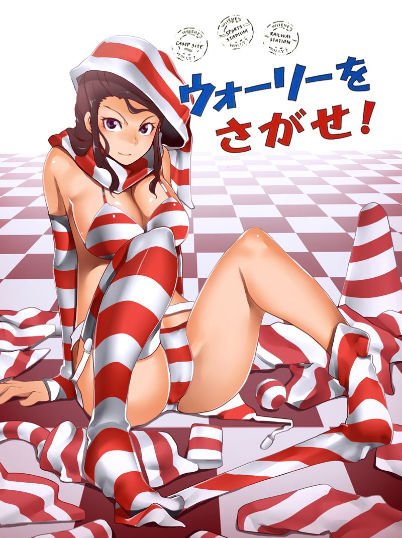 kosame daizu, original, where's wally, bad id, bad pixiv id, 1girl, bikini, bra, breasts, brown hair, christmas, female focus, garter straps, hat, large breasts, lingerie, panties, red bikini, santa bikini, santa costume, scarf, solo, striped bikini, striped clothes, striped panties, striped scarf, striped thighhighs, swimsuit, thighhighs, underwear, underwear only