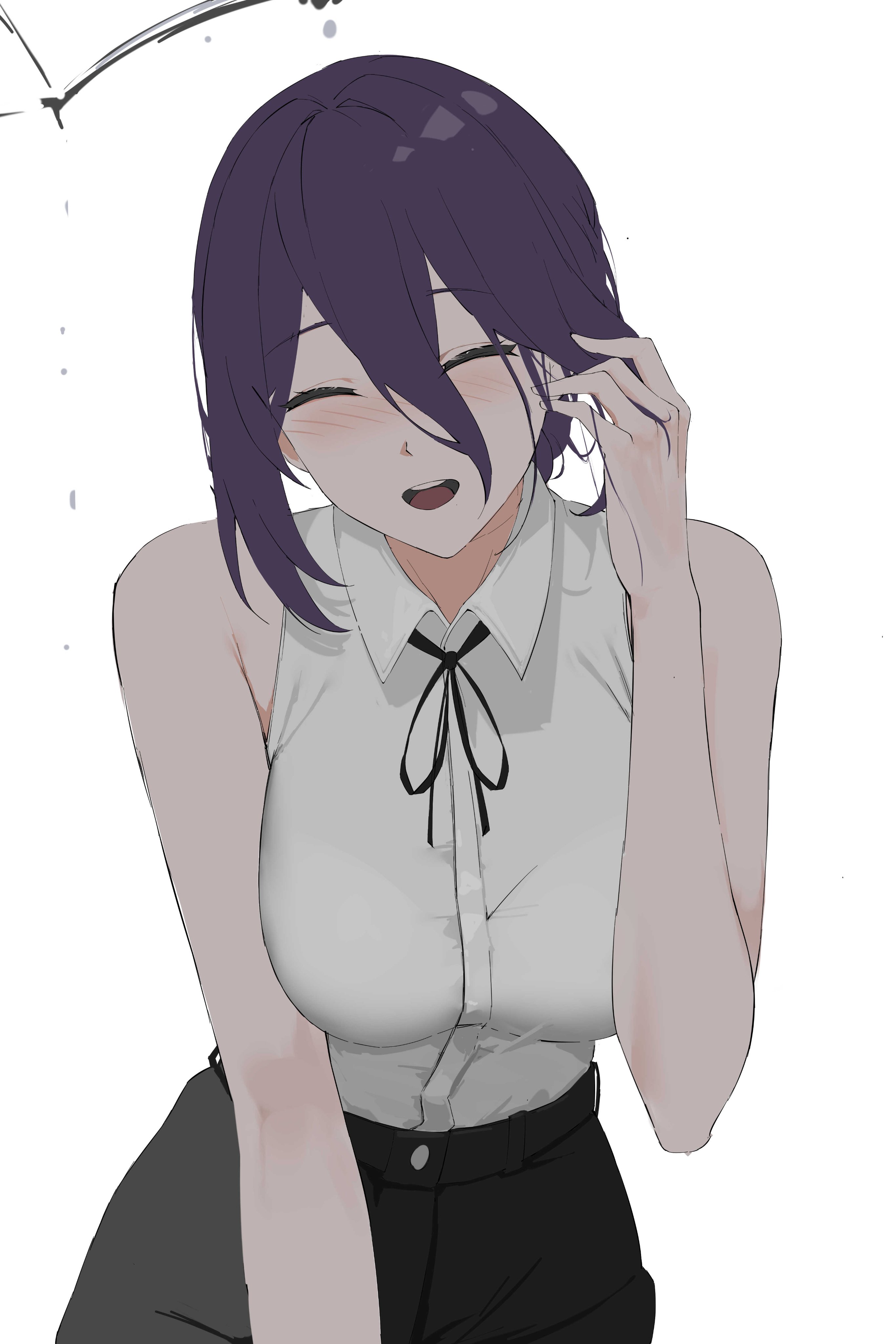smurtz, reze (chainsaw man), chainsaw man, absurdres, highres, 1girl, black ribbon, black shorts, breasts, closed eyes, collared shirt, hair between eyes, large breasts, neck ribbon, open mouth, purple hair, ribbon, shirt, shirt tucked in, shorts, simple background, sleeveless, sleeveless shirt, solo, white background, white shirt