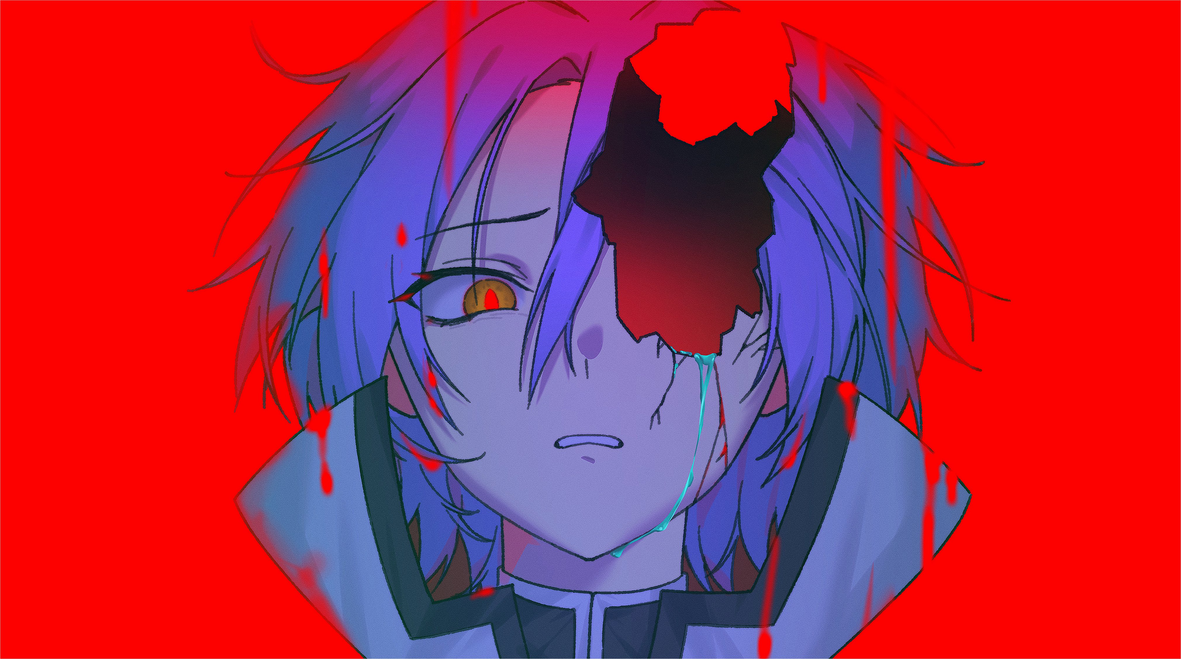 julius juukulius, re:zero kara hajimeru isekai seikatsu, absurdres, highres, 1boy, 2994937492974a, blood, blue hair, cracked skin, eye reflection, hair between eyes, high collar, looking at viewer, male focus, multicolored eyes, parted bangs, parted lips, portrait, purple hair, red background, red eyes, red pupils, reflection, short hair, solo