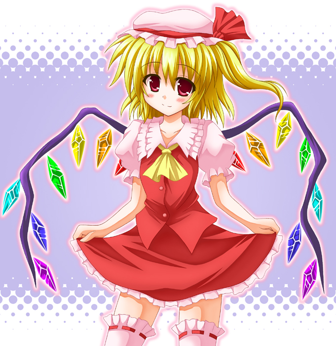 nagana sayui, flandre scarlet, embodiment of scarlet devil, touhou, 1girl, blonde hair, female focus, hat, ponytail, red eyes, short hair, side ponytail, solo, thighhighs, wings