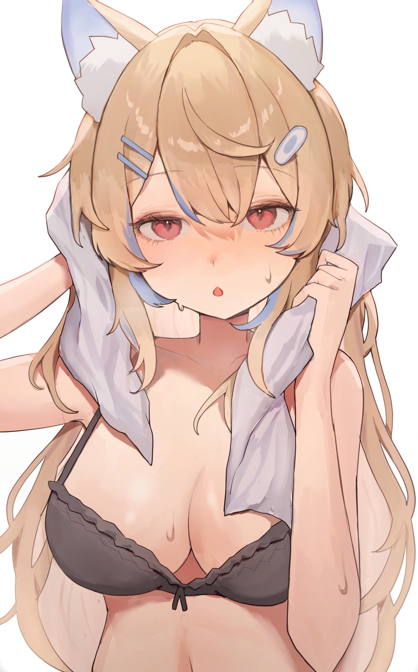 szuukie, fuwawa abyssgard, hololive, hololive english, commentary, english commentary, highres, 1girl, animal ears, bandaid, bandaid hair ornament, black bra, blonde hair, blue hair, blush, bra, breasts, collarbone, dog ears, dog girl, hair between eyes, hair intakes, hair ornament, hairclip, holding, holding towel, large breasts, long hair, looking at viewer, multicolored hair, navel, open mouth, pink eyes, raised inner eyebrows, simple background, stomach, streaked hair, towel, triangle mouth, two-tone hair, underwear, virtual youtuber, wet, white background