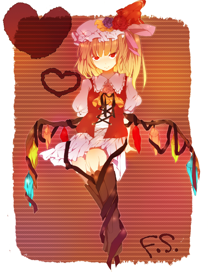 yukiho (artist), flandre scarlet, touhou, bad id, bad pixiv id, 1girl, blonde hair, blouse, collared shirt, female focus, full body, hat, heart, mob cap, red eyes, ribbon, shirt, sitting, solo, white hat, white shirt, wings