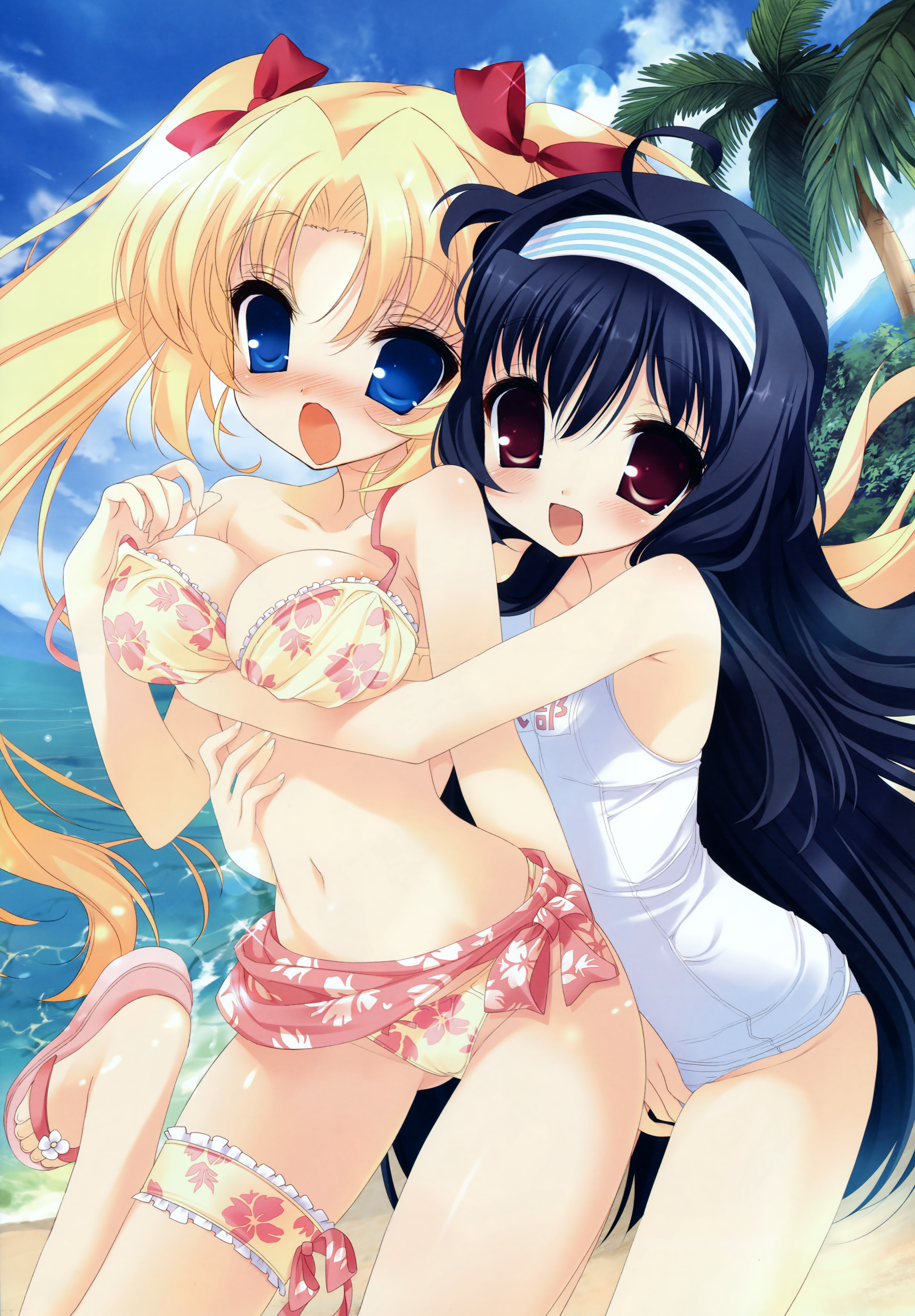 youta, christina kafka, shikibu saki, mahou shoujo no taisetsu na koto, meromero cute, absurdres, character request, highres, 2girls, bikini, blonde hair, blue eyes, blue hair, blush, day, flip-flops, long hair, multiple girls, one-piece swimsuit, red eyes, sandals, swimsuit, thigh strap