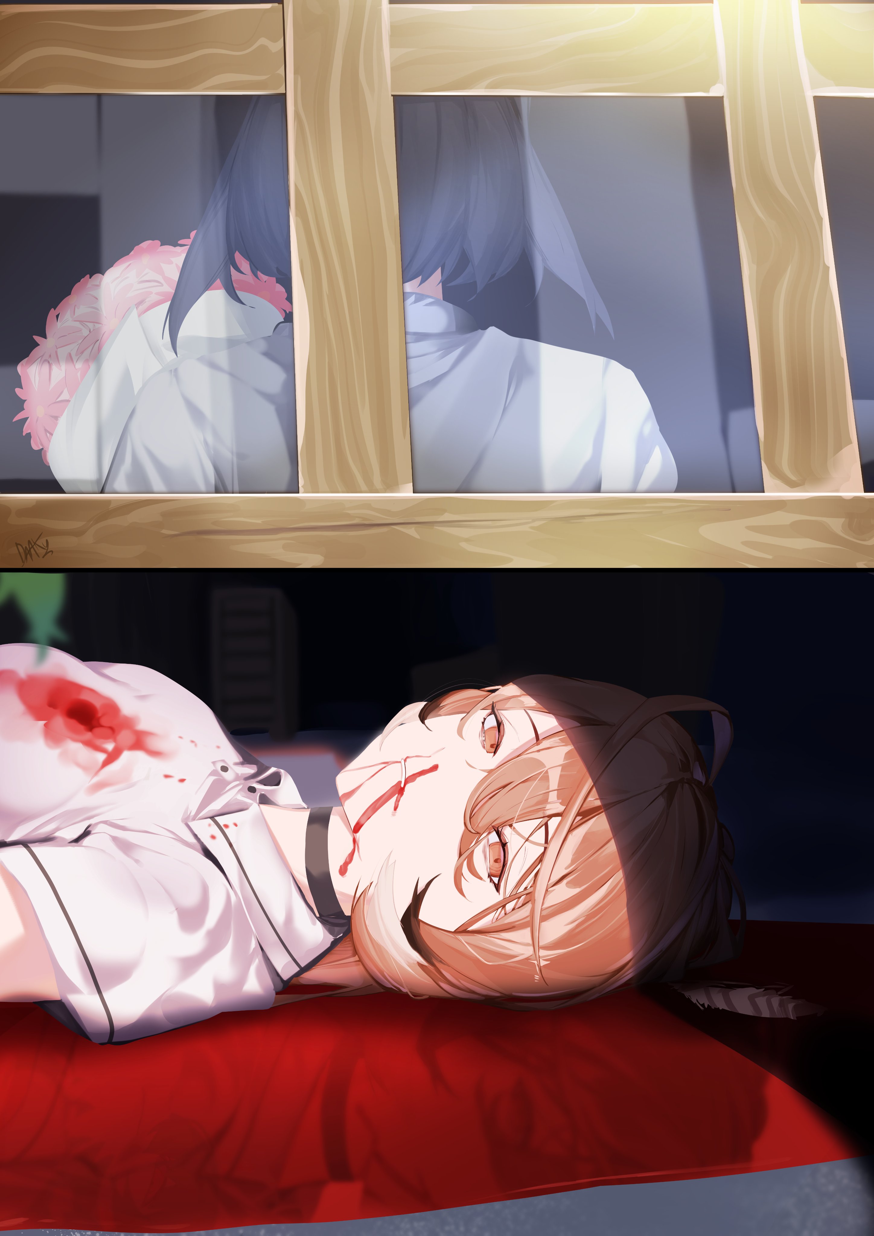 daaku (koizumi arata), denji (chainsaw man), nanashi mumei, ouro kronii, reze (chainsaw man), chainsaw man, hololive, hololive english, absurdres, highres, 2girls, black choker, blood, blood from mouth, blood on clothes, blue hair, bouquet, brown eyes, brown hair, choker, cosplay, denji (chainsaw man) (cosplay), flower, holding, holding bouquet, imminent death, long hair, lying, medium hair, multiple girls, nosebleed, on back, pink flower, polo shirt, reze (chainsaw man) (cosplay), scene reference, shirt, virtual youtuber, white shirt, window