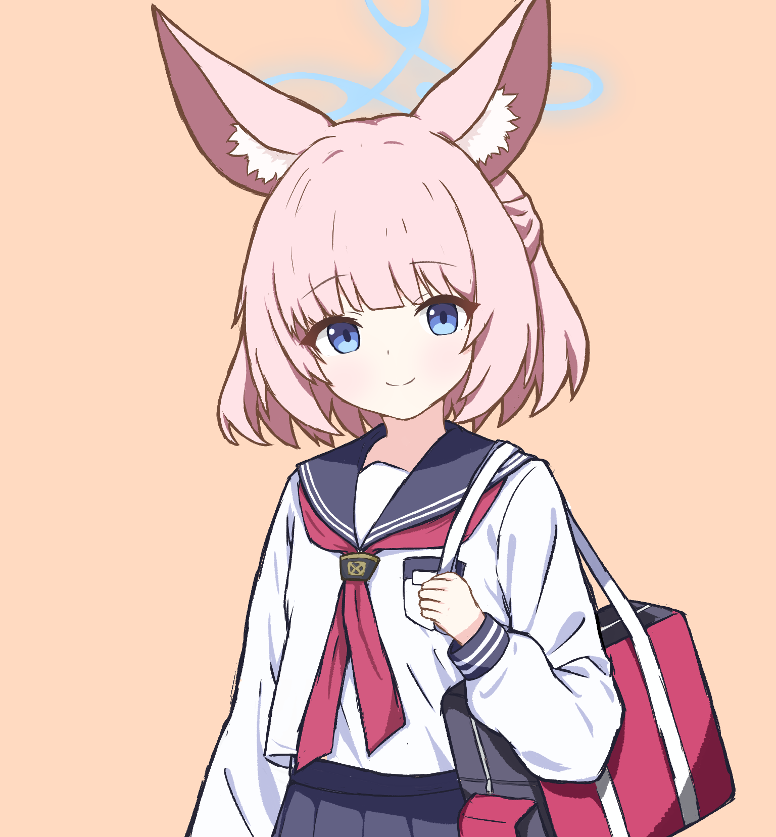 synaaap, niko (blue archive), blue archive, commentary, highres, 1girl, animal ear fluff, animal ears, arm at side, bag, black sailor collar, black skirt, blue eyes, blue halo, blunt bangs, closed mouth, cowboy shot, fox ears, fox girl, half updo, halo, hand up, holding, holding bag, long sleeves, looking at viewer, medium hair, neckerchief, orange background, pink hair, pleated skirt, red neckerchief, sailor collar, school uniform, serafuku, shirt, simple background, skirt, smile, solo, split mouth, white shirt
