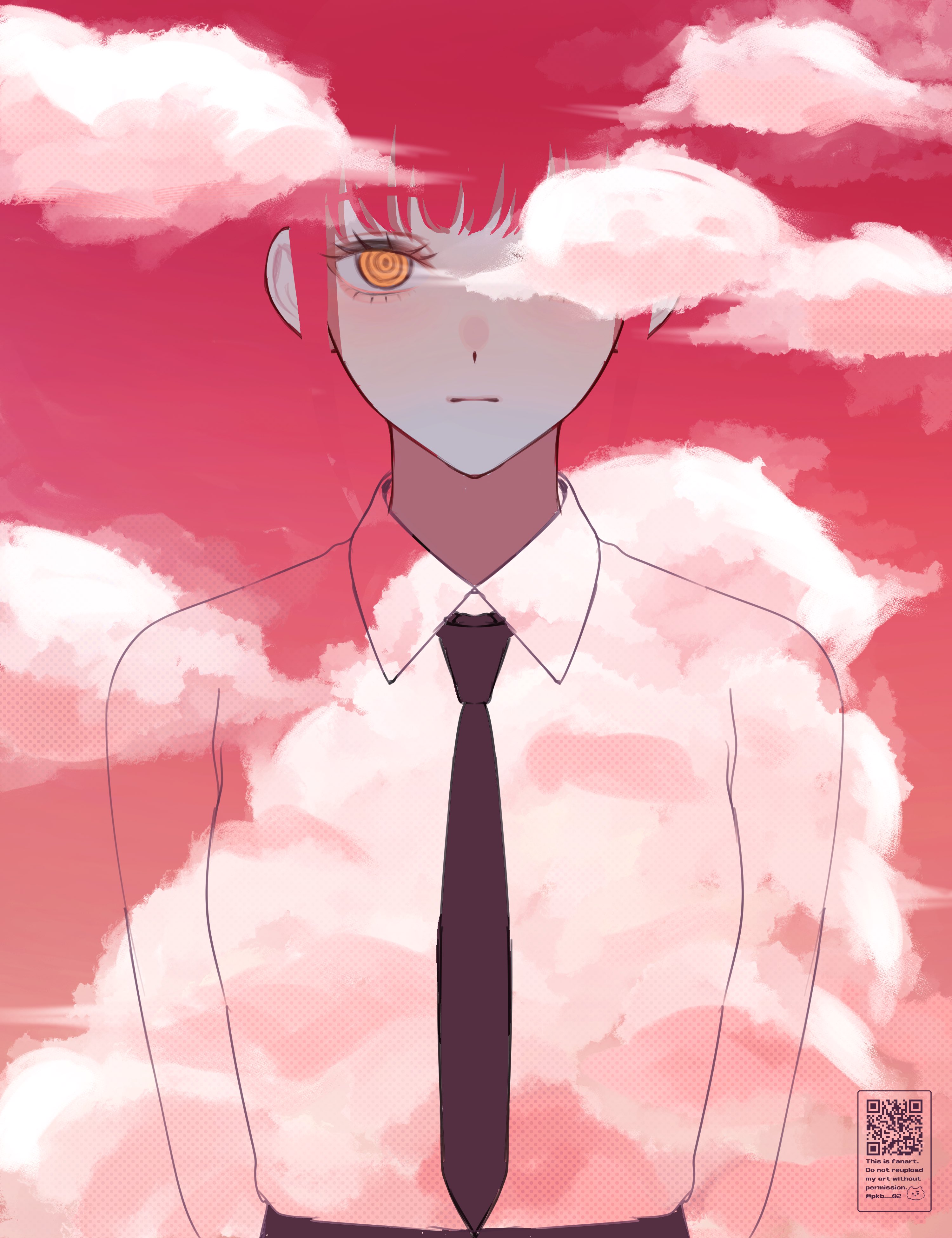 gm gn8, makima (chainsaw man), chainsaw man, absurdres, highres, 1girl, black necktie, closed mouth, cloud, cloudy sky, collared shirt, expressionless, looking at viewer, necktie, pink sky, ringed eyes, shirt, sky, solo, white shirt, yellow eyes
